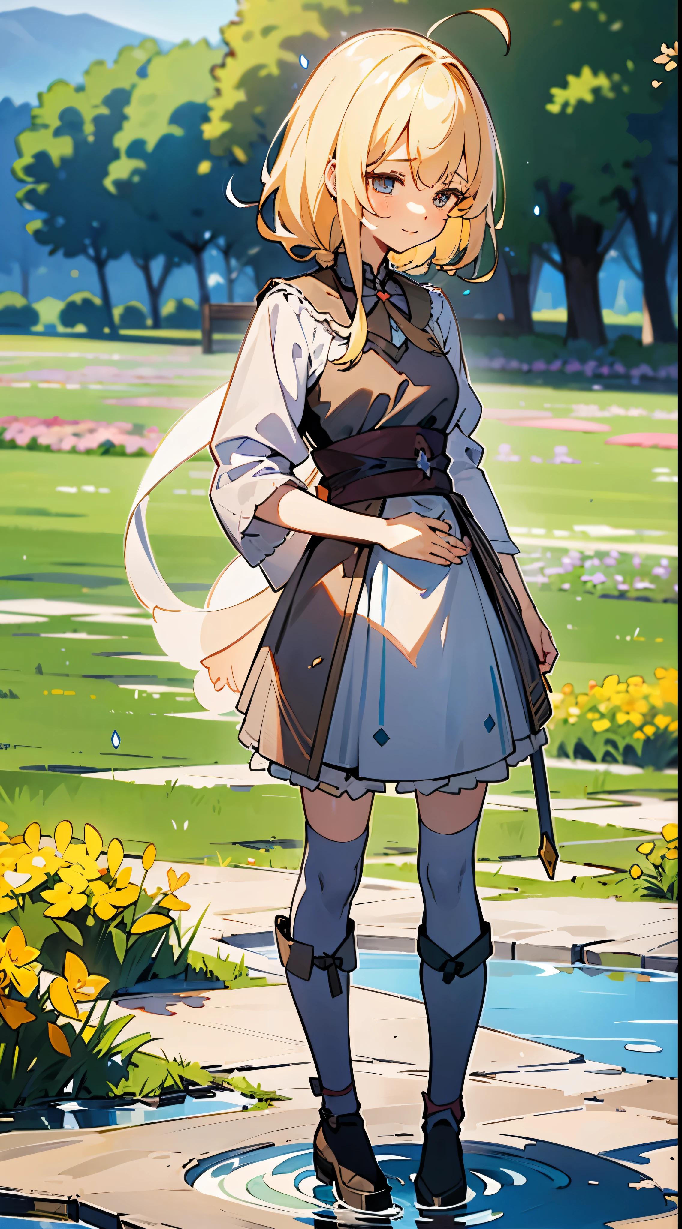 anime styled, The ultra -The high-definition, alice in the wonderland, Super cute girl, ((a blond:1.4)), ((long:1.4)), shame, Shyness is a shy smile, light blue fluttering short dress, frilldの付いた白いエプロンスカートを重ねる, frilld, A large white ribbon is tied behind the waist of the dress.. , B-cup breast, Light blue fluttering mini skirt, ソックスは爪先から太ももの半ばあたりまであるlongい白色のknee high, ((knee high:1.4)), and draw the full body, in the forest where bright sunlight shines through, absurd worldview, Her clothes are a little disarrayed and her breasts are exposed.., teatsが見えている, ((teats:1.4)), Her skirt is a little disarrayed and her crotch is visible.., 股のFemale genitalsが見えている, ((Female genitals:1.4)), pee, お漏らししてpeeが股から出て太ももを伝ってチョロチョロと細く流れている, Lying on the ground, lying on one's side, Urine excreted on the ground around the waist forms a small puddle., ((pissing:1.4)), i'Hold out your hand as if inviting me here
