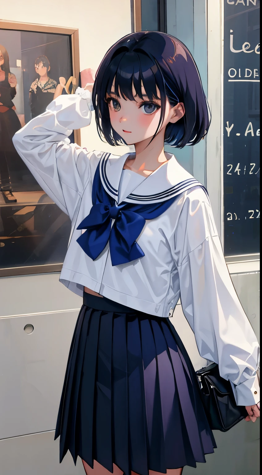 full bodyesbian，()，（​masterpiece，Highest Quality），shortsleeves，Dark blue pleated skirt，A dark-haired，Summer Classroom