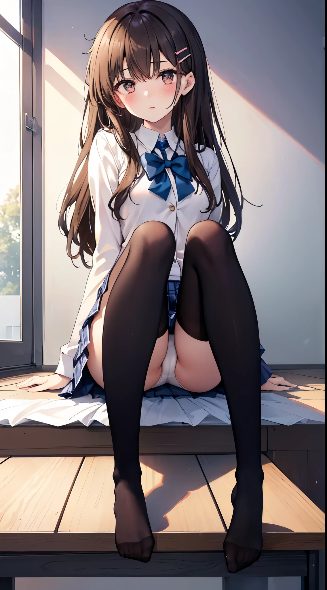 mature-looking Japanese high school girl, alone, slender legs, full body figure from head to toe, sitting, M-shaped legs spread, small breasts, (black pantyhose): 1.2), white panties visible through stockings, Very beautiful 17 year old girl, no shoes, shy big eyes, (short brown hairy parts), (bangs), messy hair, (hair clip), pale blush, solo, looking at viewer , show white panties, show underwear, panties, spread legs, high school uniform blazer, high school uniform white blouse, high school uniform blue ribbon, high school uniform plaid and navy blue pleated skirt