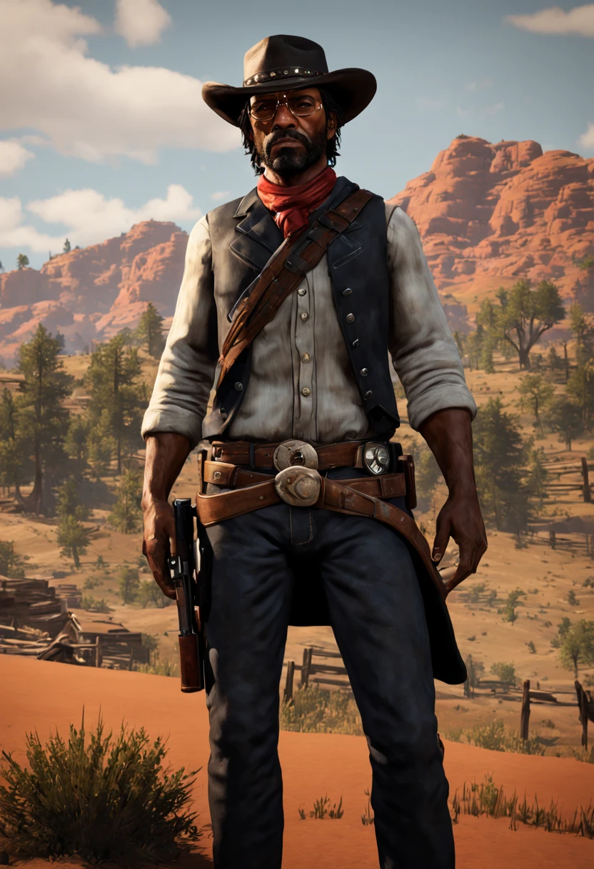 quero que voce crie uma arte estilo ao jogo Red Dead Redemptiom 2 com uma paisagem de fundo. O meu personagem deve ser NEGRO, 1,80 de altura,com o cabelo crespo e que usa oculos.