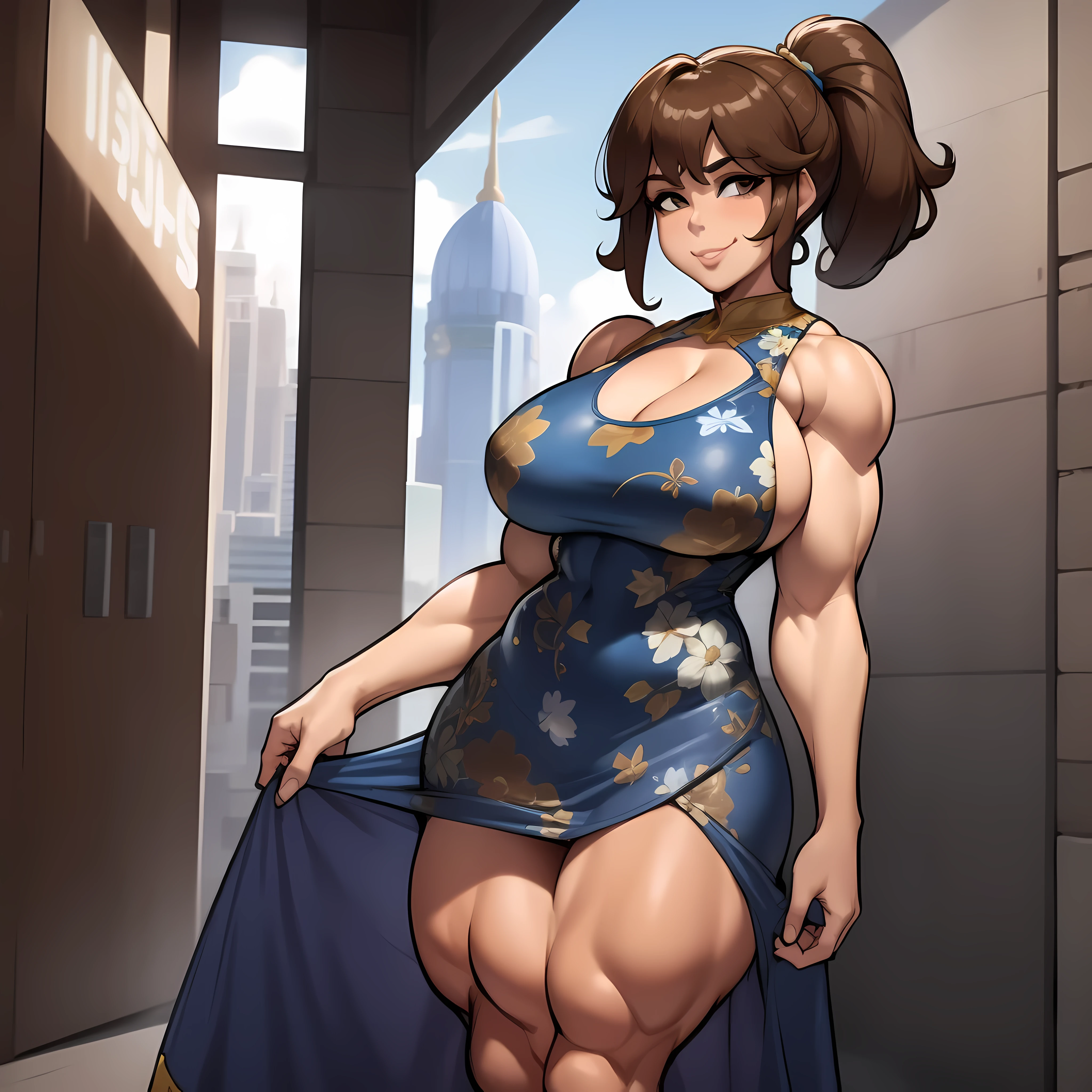 one female with short ponytail brown haircut, has brown eyes, long form fitting blue floral dress, alone, solo, (ALONE)(SOLO), showing cleavage, facing forward, looking at me, looking forward, smirk, showing full legs, looking casual, ((((huge muscles))))
