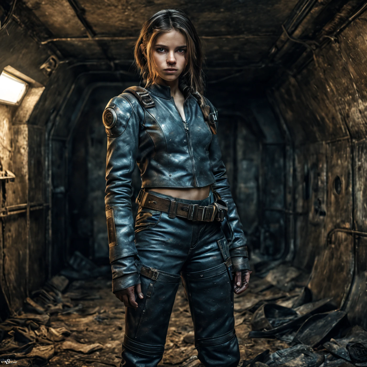 Create a highly detailed image featuring a ((((fantasy, hyper realism, of a  girl - SandraO))) dressed in a vaultsuit from the game 'fallout', in a post apocalyptic steel bunker , HDR techniques to create a visually stunning and cinematic effect. masterpiece, hyper realistic, ultra detailed, high quality, best quality, 4k, 8k, hi resolution,