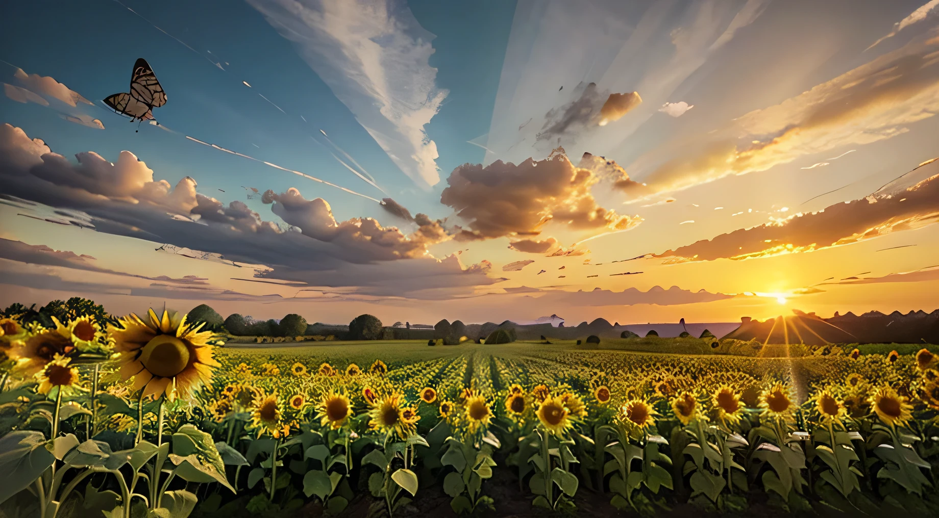 Create pixar-style 3D art of a field of sunflowers and numerous butterflies at sunset