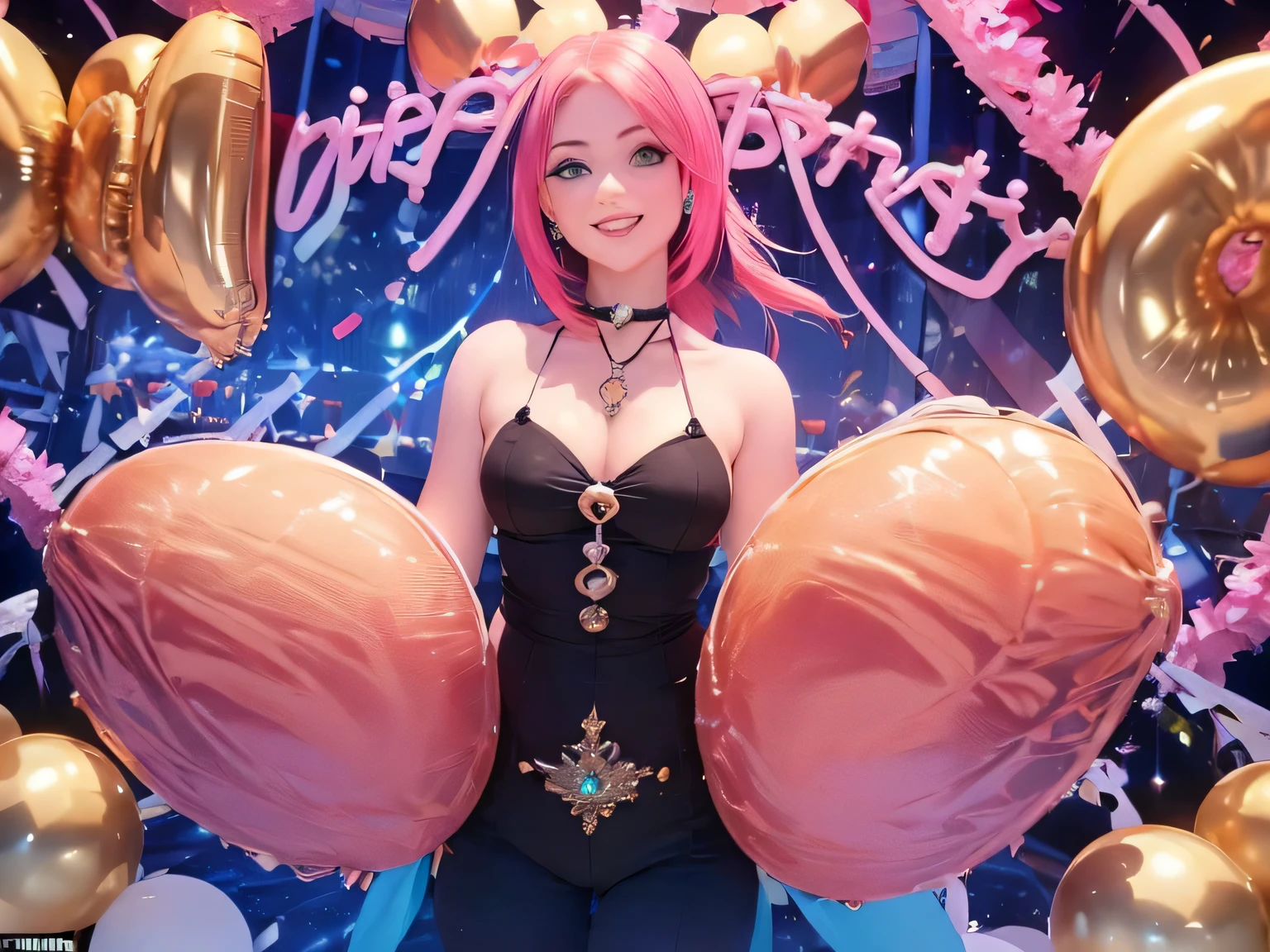 (melhor qualidade,ultra-detalhado,alto,master part:1.2),vivid colors,woman with pink hair and green eyes smiling at the camera,eating a birthday cake,balloons tied behind her,party lighting