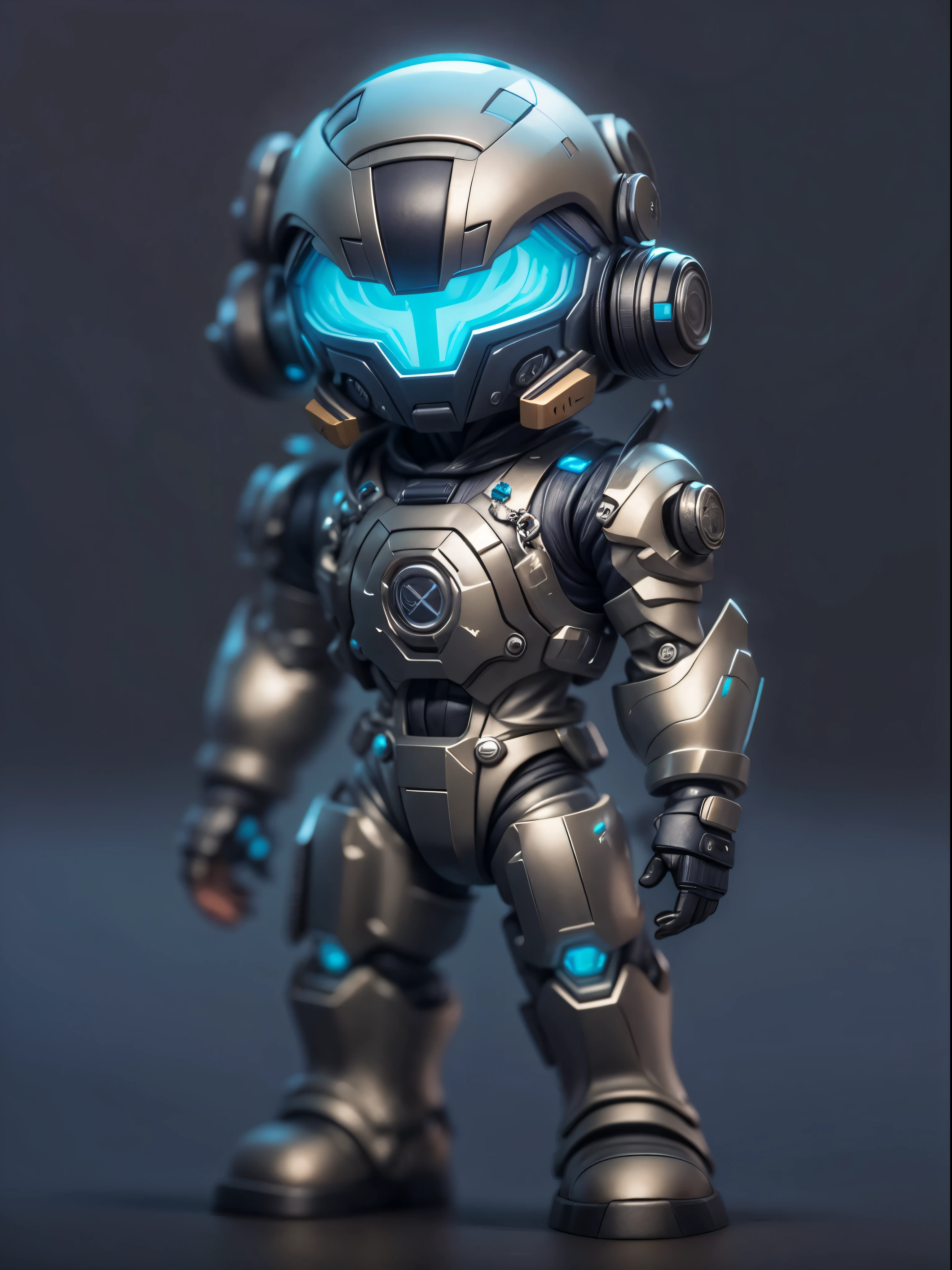 (Blind box toy style:1.2), (Full body photo) , 1 cute fat metal male engineer, Metal mech,Metal opaque helmet, cyber punk personage, dreamy glow, Clean, Black draft,white and black style, ( globalillumination, ray traycing, HighDynamicRange, unreal render,Reasonable design, high detal, tmasterpiece, Best quality at best, hyper HD, 电影灯光),blue metal stroke
