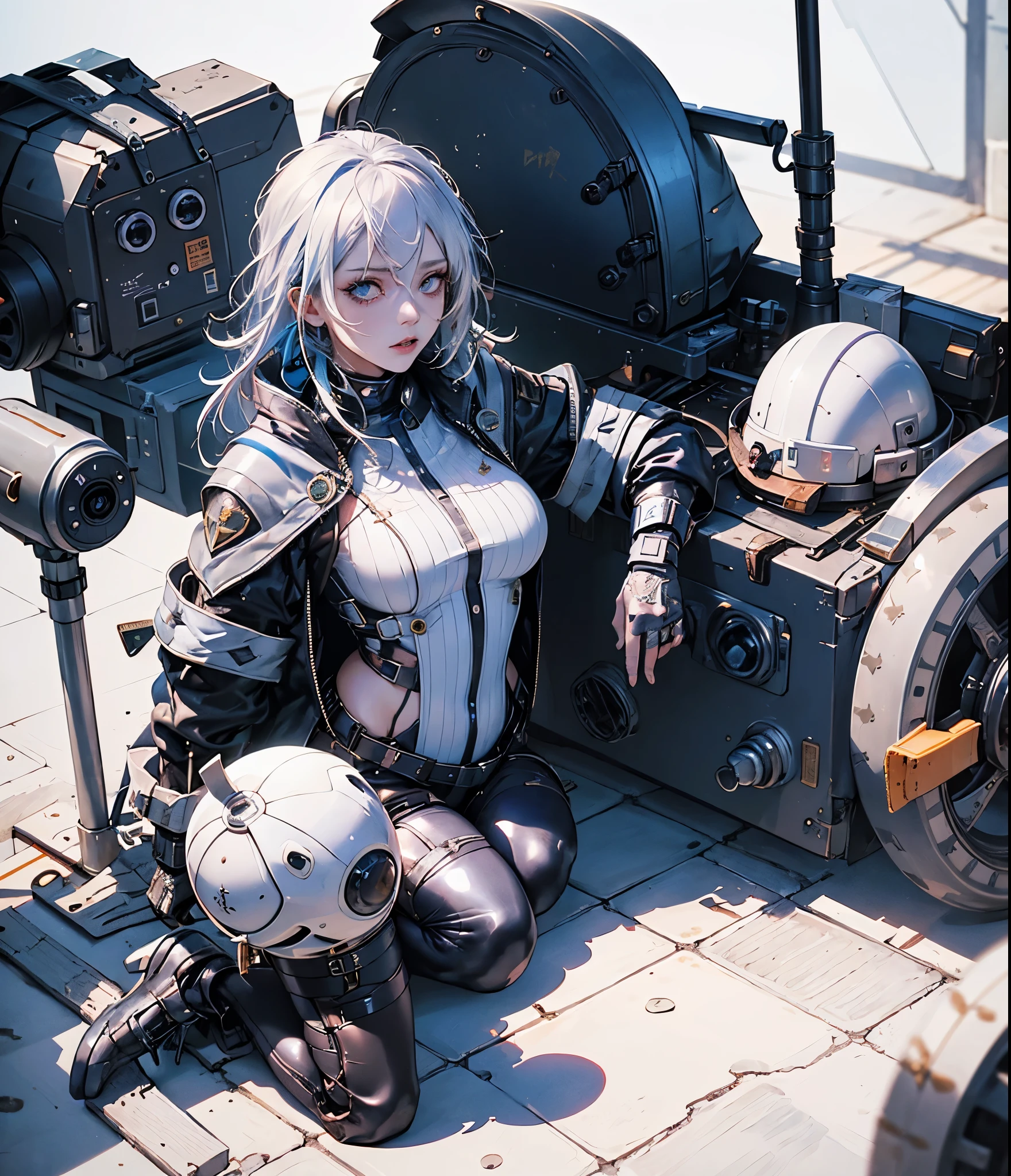 a 24 year old disabled woman in a reclining electric wheelchair, lying down, glaring, hair covering her eyes, heavy makeup, twin tails, silver hair, white blouse, ribbon, black pleated skirt, earrings, loose socks, lace up boots, plastic arm brace, plastic leg brace, knee pad, elbow pad, (best quality,4k,8k,highres,masterpiece:1.2),ultra-detailed,(realistic,photorealistic,photo-realistic:1.37),HDR,UHD,studio lighting,ultra-fine painting,sharp focus,physically-based rendering,extreme detail description,professional,vivid colors,bokeh,portrait