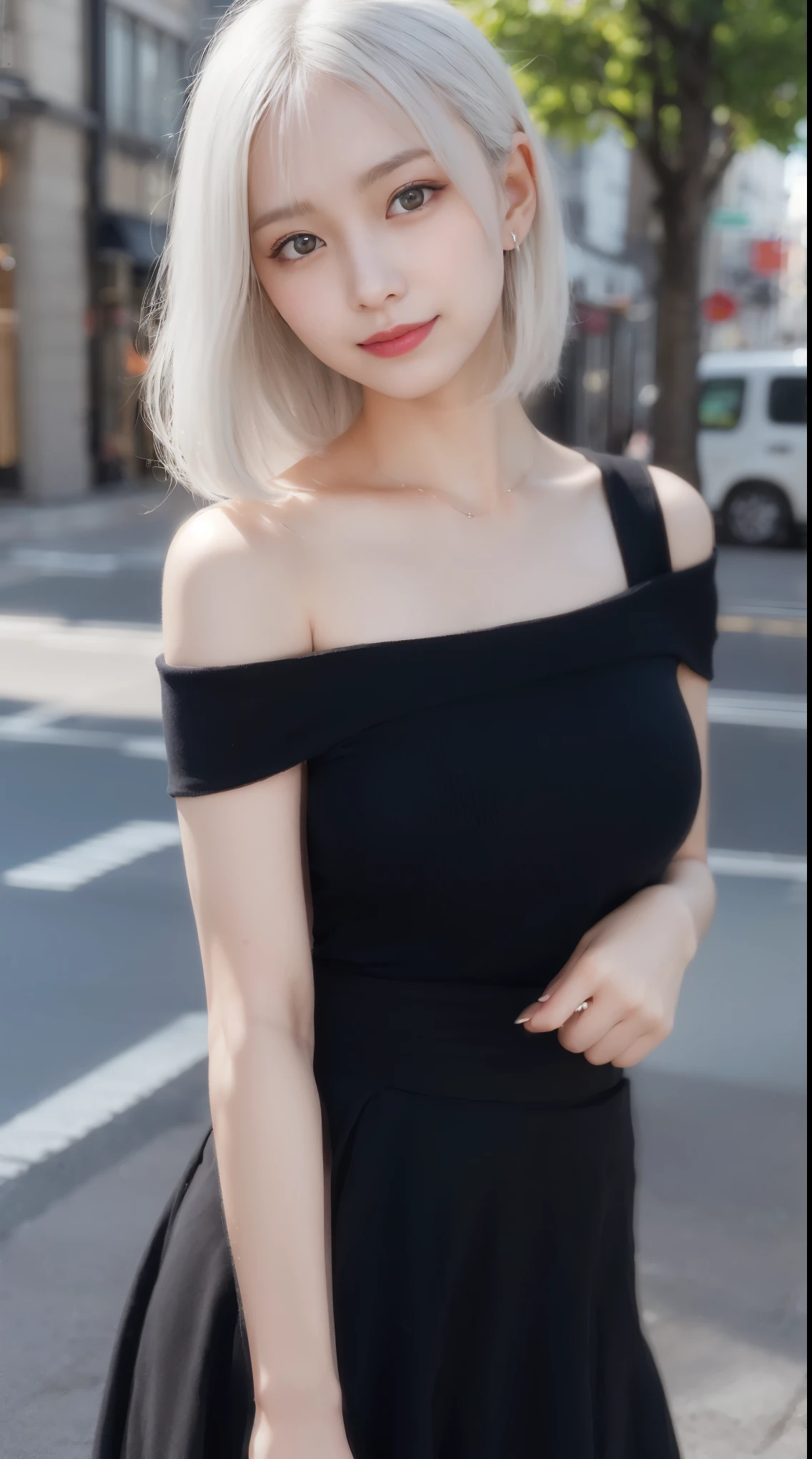 randome pose, mix4, (8K, Raw photography, top-quality, masterpiece: 1.45), (realisitic, Photorealsitic: 1.37), 一人のgirl with, cute little, A smile、Cityscape, natta, profetional lighting, cafes,Street,photon maping, Radio City, physically-based renderingt, Gradient black hair, white hair, Semi-long loose hair,gals,a handsome, girl with, large full breasts,off shoulders, Tight clothes,Onepiece,Tight skirt,top-qualityの, hight resolution, 1080p, (clearface), (Detailed face description), (Detailed hand description), (masterpiece), 逼真, extreme light and shadows, dishevled hair, masterpiece, lush detail, (Fine facial features), (Highest Quality Photos), (masterpiece), (finely eye), dual、Look in front of you, Fine clavicle,Emphasis on the armpits、Show lower milk