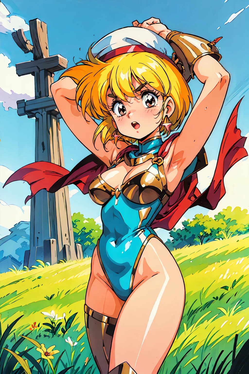 "(masterpiece:1.1), best quality,
1girl, (traditional media 80s:1.4), (eyelashes:1.5), (:1.2),
(intricate high detailed body:1.2),
(yellow hair:1.1), (bangs:1.1), (short hair:1.1), (holy hat:1.2),
brown eyes, (thick eyebrows:1.1),
(pale skin:1.2), (curvy body:1.1), (gigantic breasts:1.3),
(shy:1.2), (blush:1.1), open mouth,
(leotard armor:1.2), (knight armor, armored boots:1.2),
(fur:1.1), (hoop earrings:1.1), sleeve,
standing, (dynamic pose, action pose, arms up:1.2),
(upper body, cowboy shot, looking at viewer:1.1),
(daytime, grassland, outdoors:1.1)"