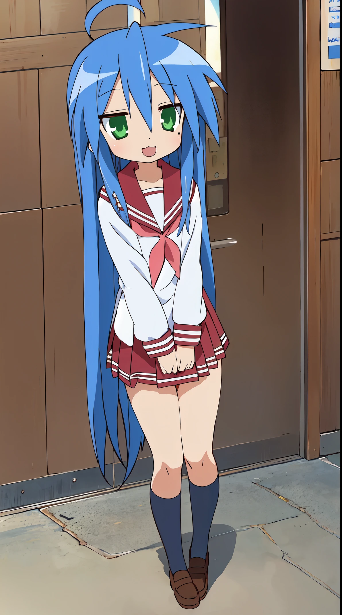 Short girl, very short girl, lucky star, masterpiece, best quality, 1girl, mole under eye, mole, ryouou school uniform, solo, school uniform, serafuku, long hair, green eyes, blue hair, parody, :3, ahoge