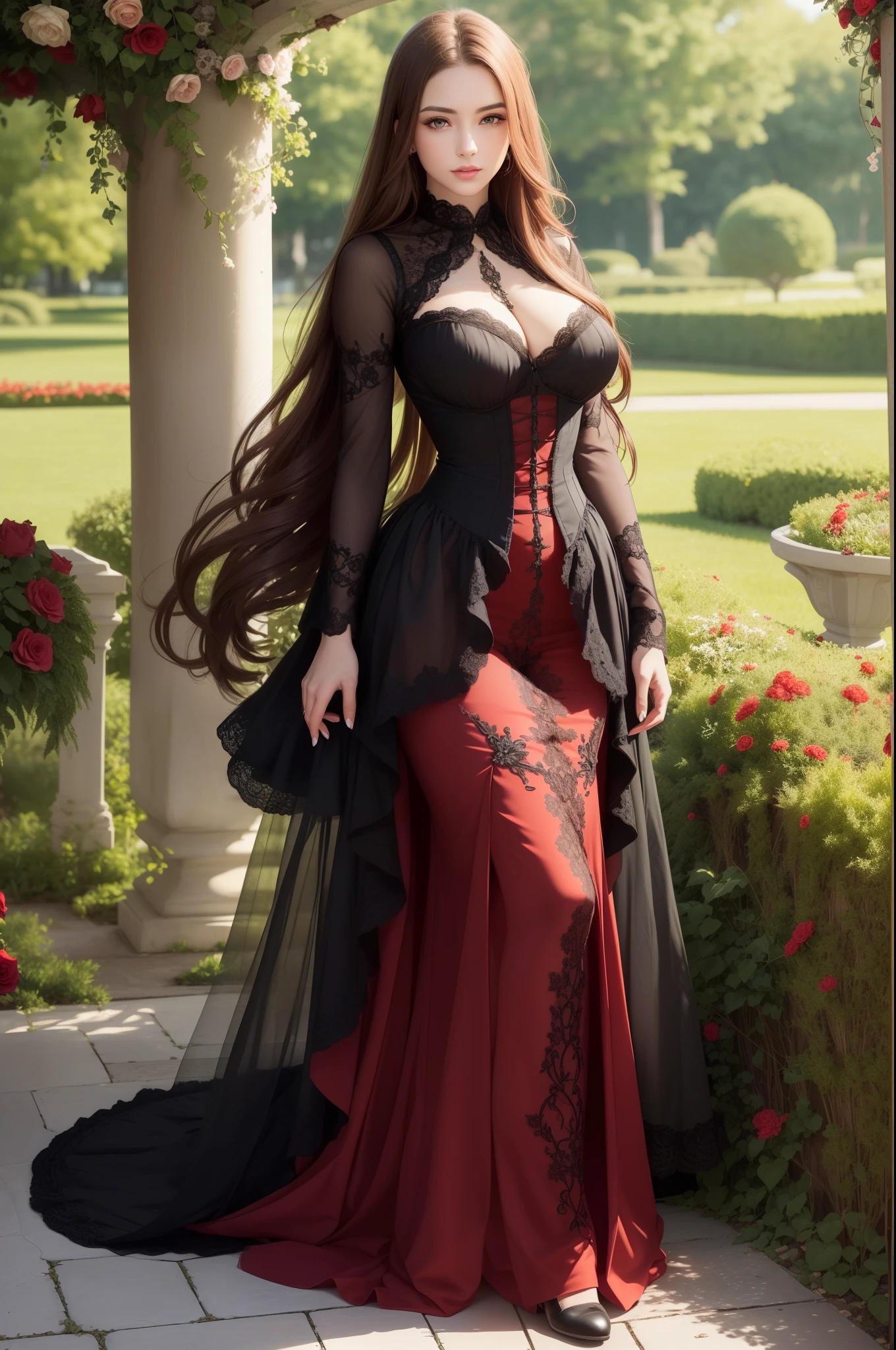 high quality fingers, normal hands, detailed fingers, masterpiece, (realistic, photo-realistic:1.37), (full body:1.5), (25 years old women), large breast, small waist, red hair, green eyes, beautiful face, perfect illumination, beautiful detailed eyes, looking at viewer, stunningly beautiful women, detailed hairstyle, detailed background, highly detailed and ornate Victorian red and black corset, background is a beautiful flower garden with gazebo.