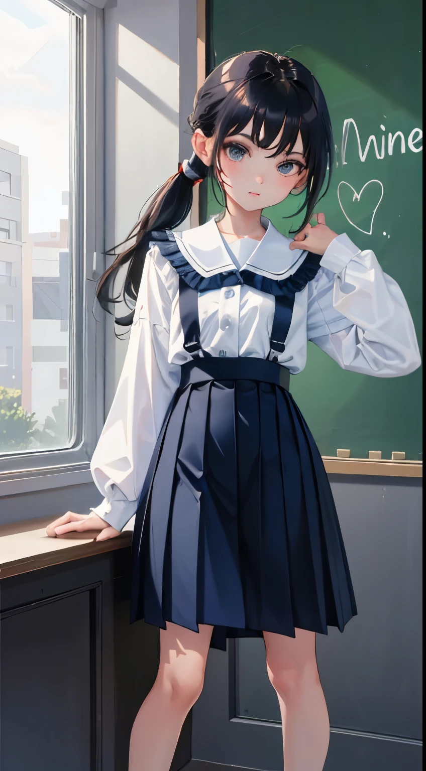 kne，(child)，（​masterpiece，Highest Quality），shortsleeves，Dark blue pleated mini skirt，A dark-haired，long pony tail，Summer Classroom