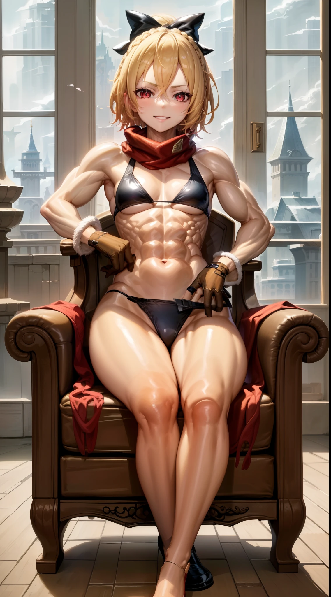 best quality, 4k, ((masterpiece)), extremely detailed, 8k, Trending in ArtStation, intricate, very high detail, sharp focus, detailed backfloor, (Fantasy City: 1.4), Roof, 1girl, floor, navel, arch, (blond hair), red eyes, hair bow, red scarf, braid, short hair, small breasts, Looking at the Viewer, smile, midriff, blonde hair, black bow, {{{very short and sexy bikini}}}, wearing very short black panties, Gloves, brown Gloves, (muscular legs), (((sitting on the chair sensually with her legs crossed showing her foot)))