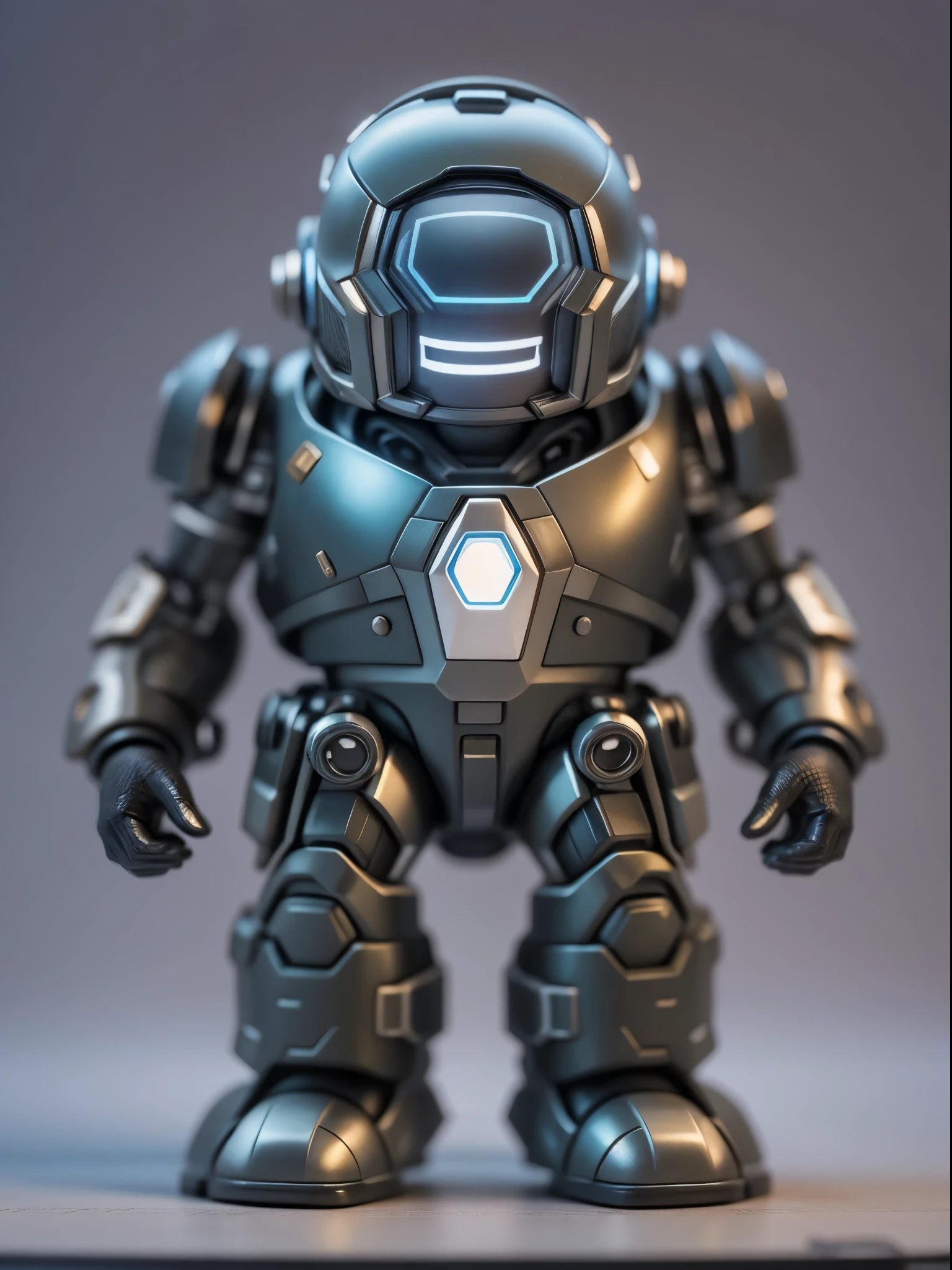 (Blind box toy style:1.2), (Full body shot) , 1 cute fat metal male engineer, Metal mech，Metal opaque helmet, cyber punk perssonage, dreamy glow, Clean, Black draft,white and black style， ( Global illumination, Ray traching, hdr, unreal render,reasonable design, high detal, Masterpiece, Best quality, hyper HD, Cinematic lighting)，blue metal stroke