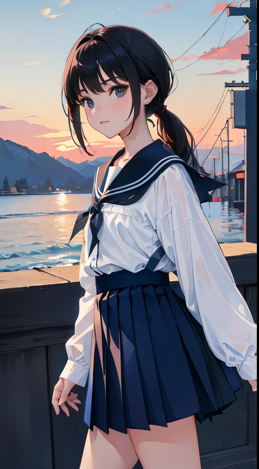 kne,(),(masterpiece,Highest Quality),shortsleeves,Dark blue pleated mini skirt,A dark-haired,long pony tail,Summer Classroom
