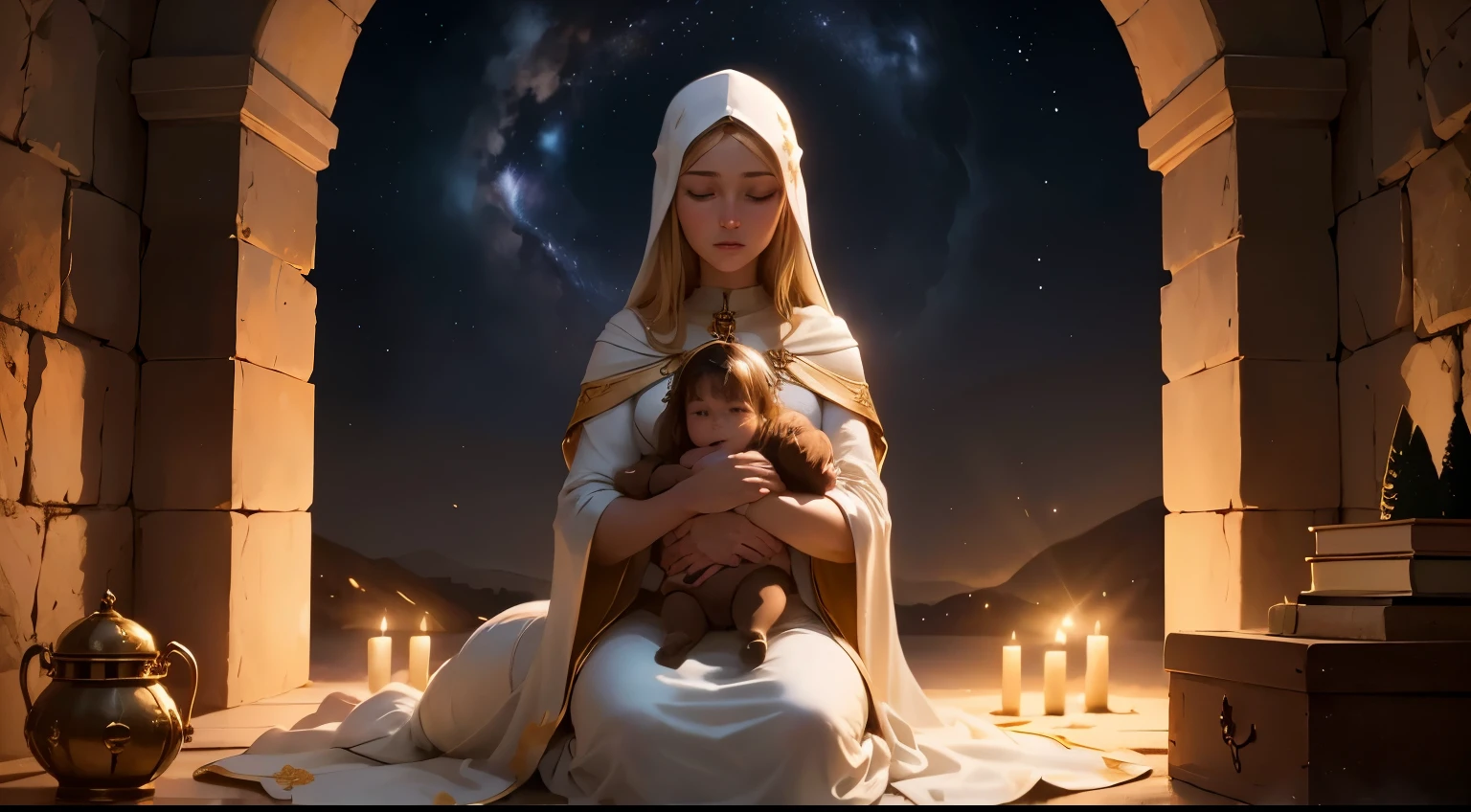 See a peaceful environment under the starry sky of Belém. A rustic manger, esculpido em madeira envelhecida, rests in a stable, illuminated by the soft light emitted by the star of Bethlehem. Em torno dele, poeira dourada flutua no ar, creating atmospheric magic. A estrela brilha intensamente no topo, casting golden rays that delicately touch the manger and illuminate the Holy Family. MARIA, com um semblante sereno e olhos amorosos, tenderly holds the newborn Jesus in her arms. Josh, ao lado, protects the sacred scene with reverence and admiration. The scene is completed with the presence of shepherds, kneeling in gratitude, and invisible angels, whose presence is felt in the softness of the night breeze. The setting conveys a sense of peace and reverence, capturando o momento sublime do nascimento de Salvador. This image provides an intimate and enchanting look at what is most significant about Christmas, convidando os espectadores a contemplar a beleza e a simplicidade deste milagre divino. mais claro em HD e 4k.