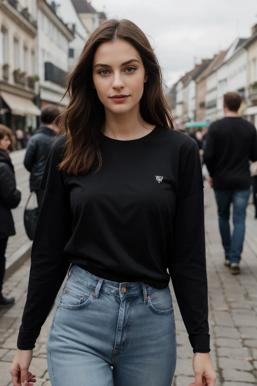 Junge Frau, ((schwarzes) (Long Sleeve T-Shirt)), blaue Jeans, ultra realist, detailliert, schaut in die Kamera, stands on a busy street,.RAW,, Nikon Z 85mm, award-winning glamor Fotography, ((best quality)), ((Meisterwerk)), ((realistisch)), 18. Jahrhundert, Vintage-Bild, (lange braune Haare), Haselnussbraune Augen, an einem Strand, Beautiful Background, unschuldig, high resolution, detailed facial features, Hohe Detailgenauigkeit, Scharfer Fokus, weich , aesthetic, Extrem detailliert, Foto_\(Ultra\), Fotorealistisch, realistisch, Nachbearbeitung, Maximale Detailgenauigkeit, Rauhigkeit, wirkliches Leben, Ultra-realistisch, Fotorealism, Fotography, 8K UHD, Fotography, SEMHOUETicht, unprinted T-shirt, T-shirt without a design, plain T-shirt, basic T-Shirt