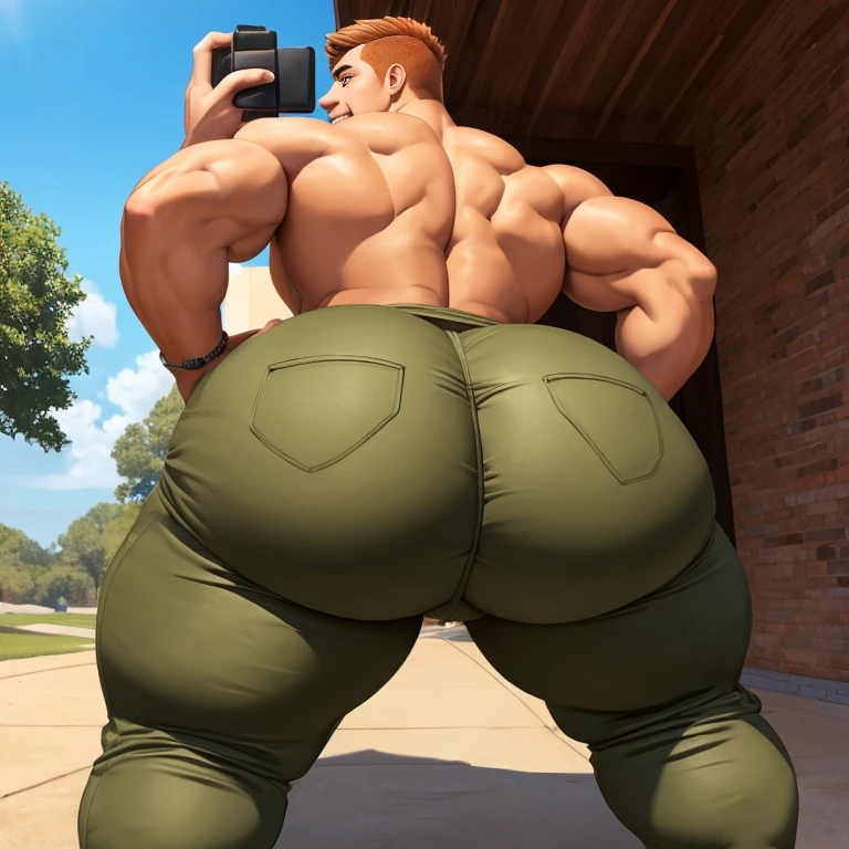 Two college guys, muscular, jocks, athletic, shirtless, ginger, wearing khaki pants, big butt, huge ass, comically massive ass, bubblebutt, thick, thicc, thick ass, thick legs, thick thighs, huge butt cheeks, ass huge, showing butt to camera, smiling, looking back at camera, big booty, boy booty, men with huge butts, men in khaki pants, showing off ass, absolutely massive butt, enormous ass cheeks in khaki pants, full ass, round ass, juicy ass, expansive ass, tight pants, filled pants