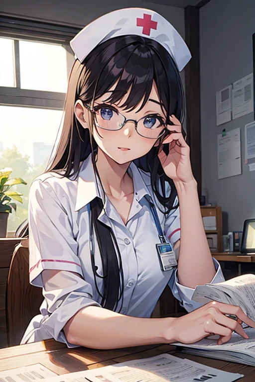 Beautuful Women、Neat face、eye glass、nurse、Nurse's Cap、hospitals、leaning down