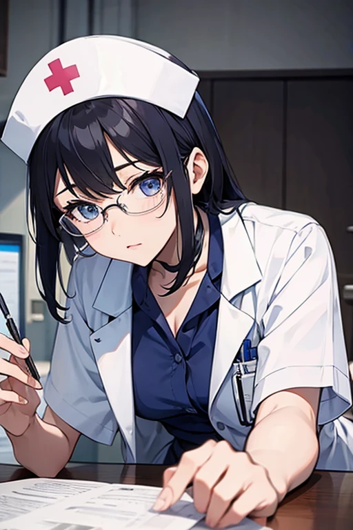 Beautuful Women、Neat face、eye glass、nurse、Nurse's Cap、hospitals、leaning down