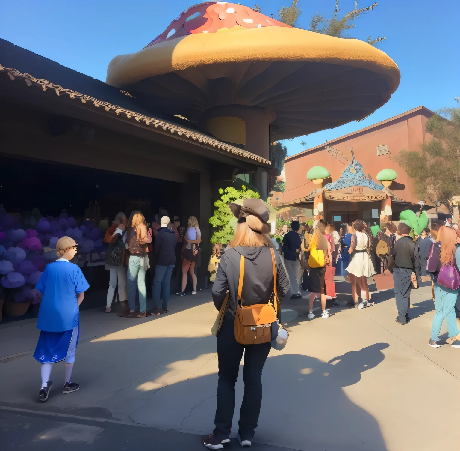 there is a woman standing in front of a mushroom-shaped building, na CaliFornia Aventura, Alice participa da Mad Tea Party, Fotografia tirada em 2 0 2 0, Vila da Fantasia, reino dos cogumelos, em Zootopia City, Terra da Fantasia, tiro de corpo inteiro, next to some alien plants, Fora da Escola de Magia, divertindo-se, tiro de corpo inteiro, Disney Studios