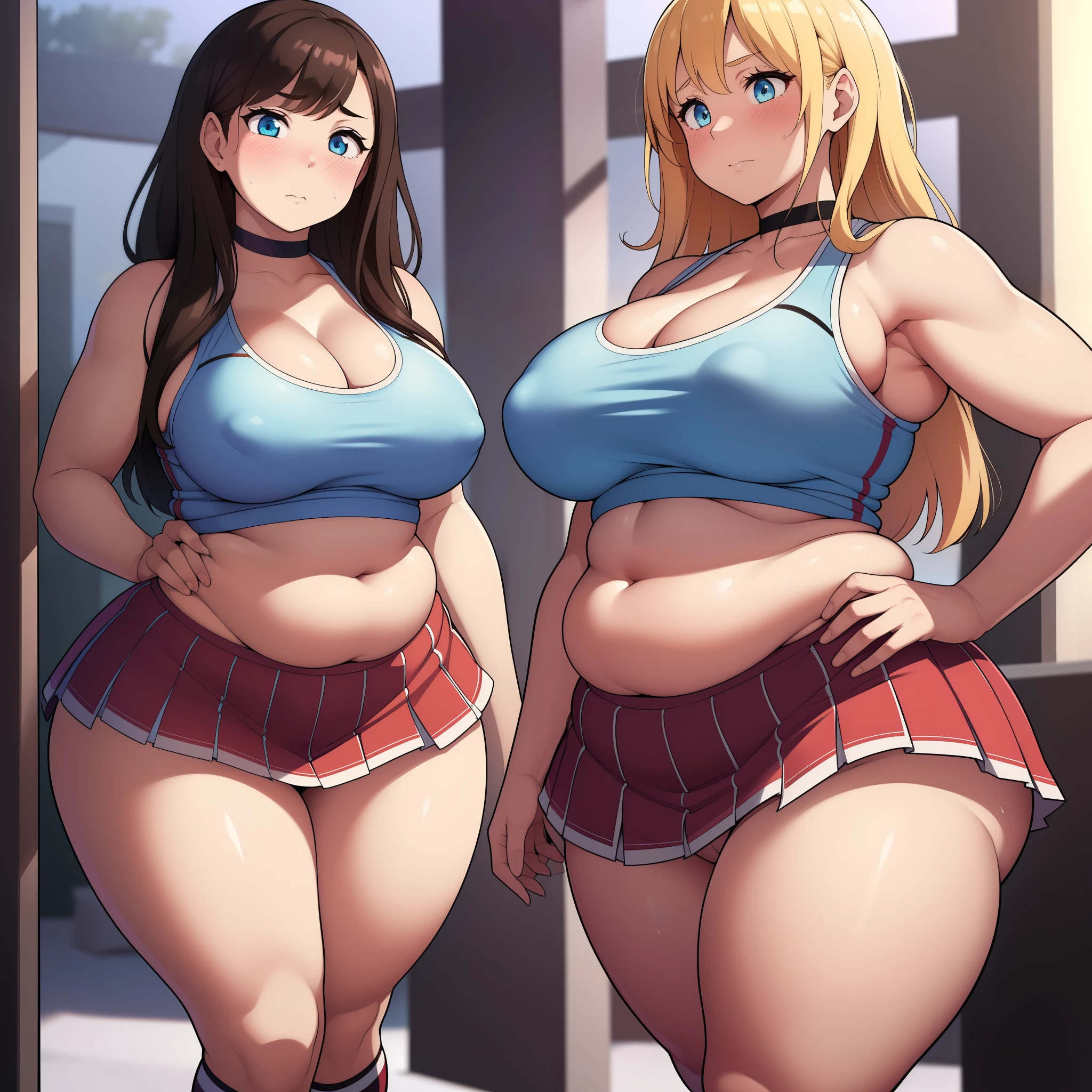 ((Masterpiece)), perfect anatomy, perfect shading, field of depth, (best quality), extremely delicate and beautiful, perfect lighting, detailed face, ultra cute face, cute, (cowboy shot 1.2), full body, (((2girls))), ((2 girls 1 and 2))
Girl 1: has long hair, fluffy hair, blonde hair, blue eyes, ((blush)), (embarrassed), extremely tight clothes, medium breasts, cleavage, perky breasts, ((wide hips)), (thick thighs), ((chubby)), pudgy belly, fat rolls, belly hang,
Girl 2: has short hair, fluffy hair, brown hair, green eyes, ((blush)), worried, chocker, extremely tight clothes, medium breasts, cleavage, perky breasts, (((wide hips))), ((thick thighs)), ((big butt)), ((plump)), chubby belly, fat rolls, belly hang, she has a jiggly belly,
school gym, intricate background, detailed background, girls are standing next to each other, ((cheerleader uniform)), (blue and white tank top 1.2), (short section skirt 1.2), thigh highs, hands on hips