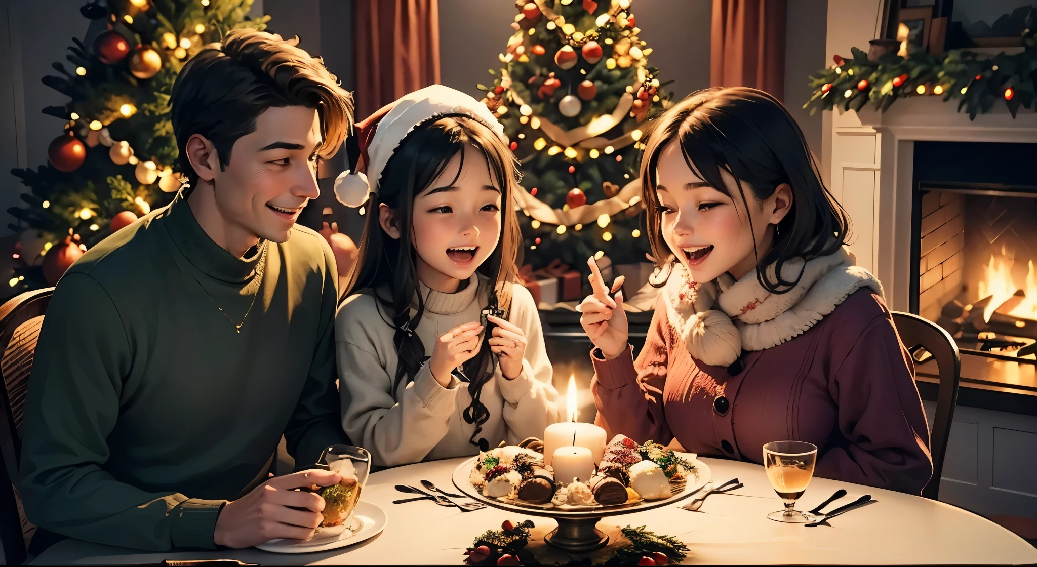 Imagine uma cena calorosa e acolhedora em uma casa decorada para o Natal. A festively set table is full of delicacies, surrounded by family members who gather with sincere smiles. Soft candlelight creates an intimate atmosphere, while the Christmas tree in the background sparkles with colorful lights and sparkling decorations.

The family shares moments of joy and gratitude at the table, come together for a meal that is more than just feeding the body; is to nourish the spirit. Happy expressions reflect the shared love and deep connection that characterize Christmas celebrations..

Detalhes cuidadosamente considerados, como guardanapos ornamentados e copos revestidos, add to the festive atmosphere. Excited children exchange excited glances while adults exchange stories and laughs. The scene is a testament to the beauty of family togetherness during the Christmas season...

This image conveys the essence of Christmas, highlighting the importance of family bonds and shared celebration in an environment full of joy and love.