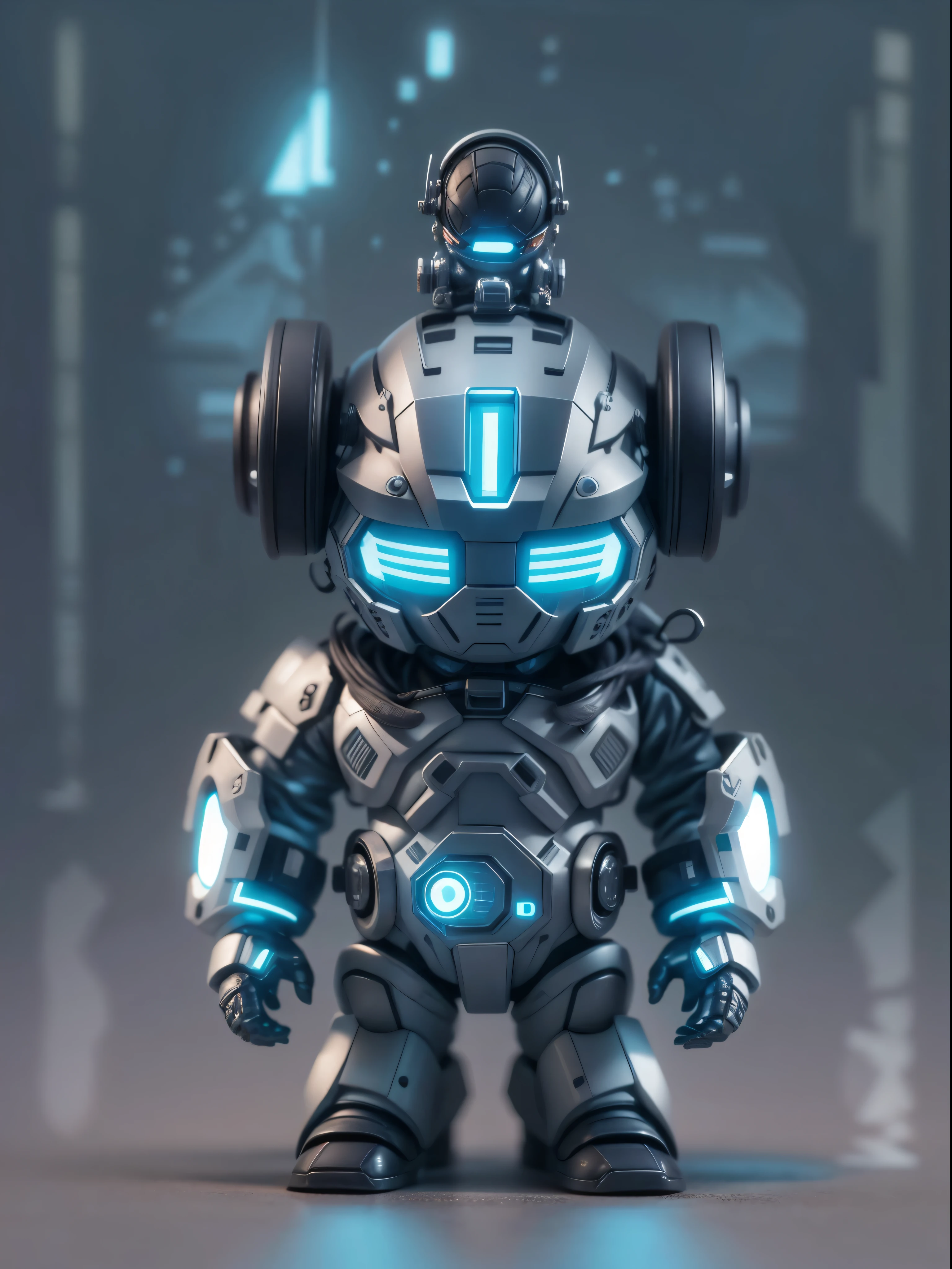 (Blind box toy style:1.2), (Full body photo) , 1 cute fat metal male engineer, Metal mech，Metal opaque helmet, cyber punk personage, dreamy glow, Clean, Black draft,white and black style， ( globalillumination, ray traycing, HighDynamicRange, unreal render,Reasonable design, high detal, tmasterpiece, Best quality at best, hyper HD, 电影灯光)，blue metal stroke