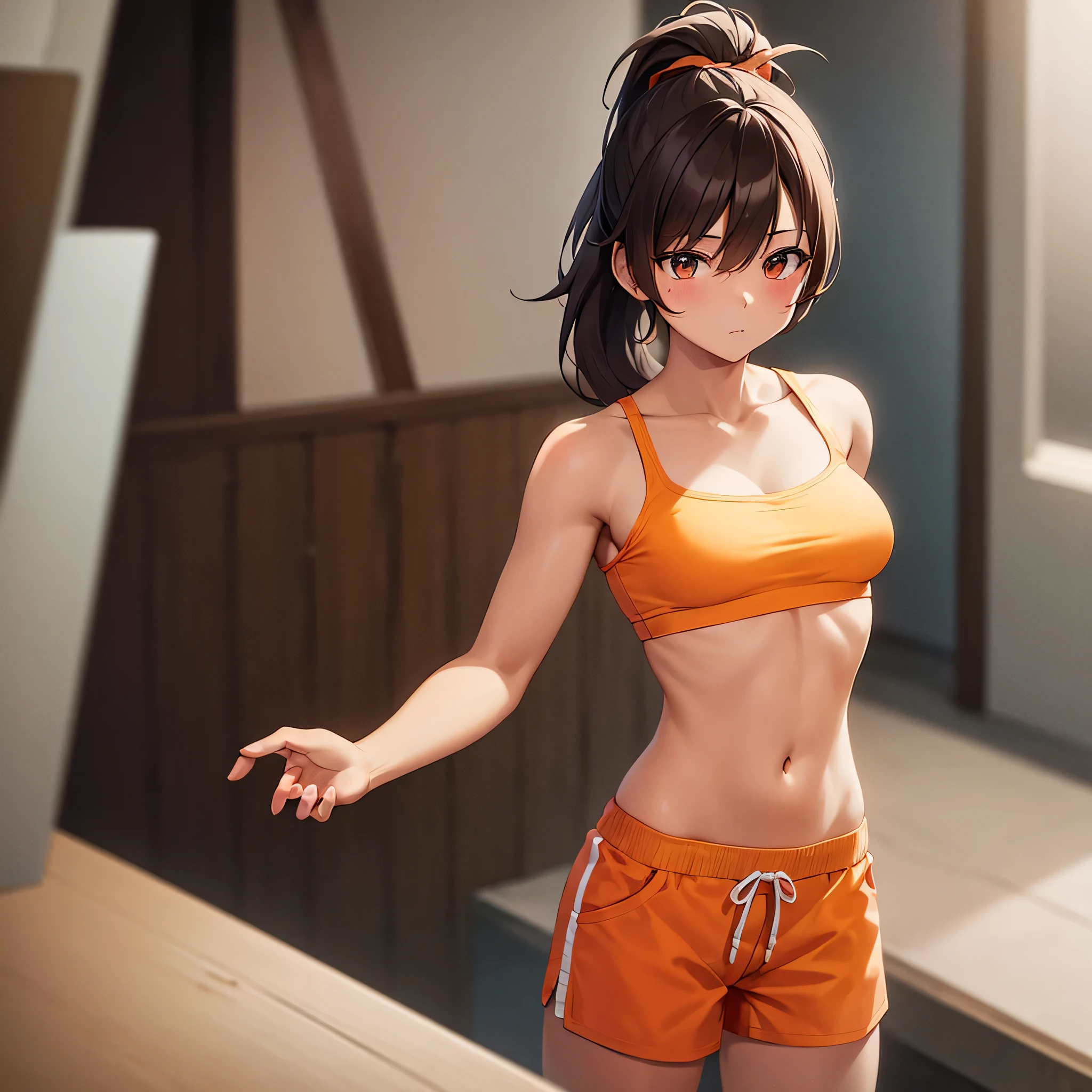 tanned girl, tall, muscled, really muscled, brown hair in ponytail, standing, wearing tight orange shorts and bra