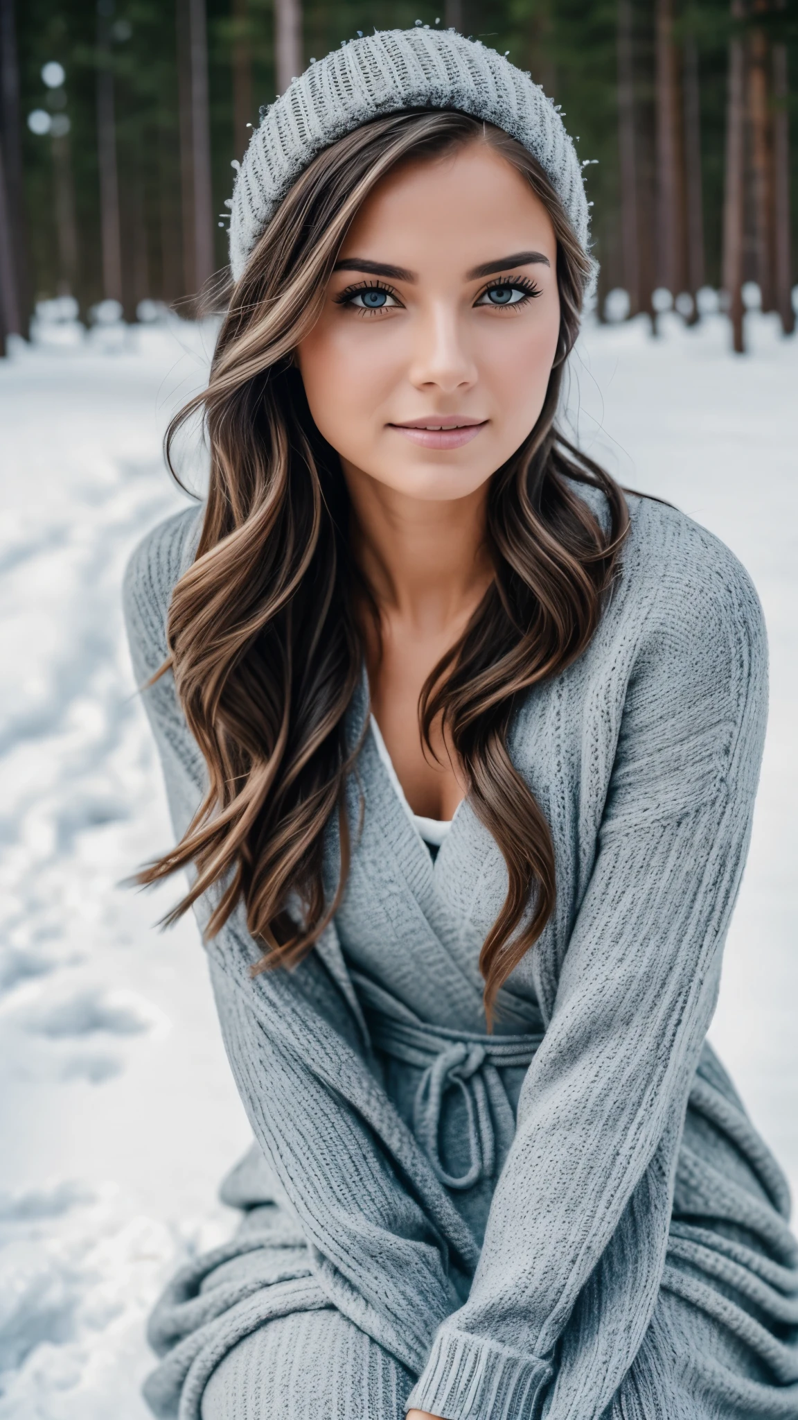 realistic body shot photo of a finnish woman sitting and spreading legs in front of the camera wearing a long winter dress. Winter. Snow. glamour photoshoot, beautiful face, perfect anatomy, fit girl, looking into the camera, walking towards the camera:1.2, strong hip:1.2, wide hip:1.3, 25 yo woman. (Eye makeup:1.1), (highly detailed skin:1.1), RAW, analog style, sharp focus, 8k UHD, DSLR, high quality, Fujifilm XT3, grain, award winning, masterpiece.