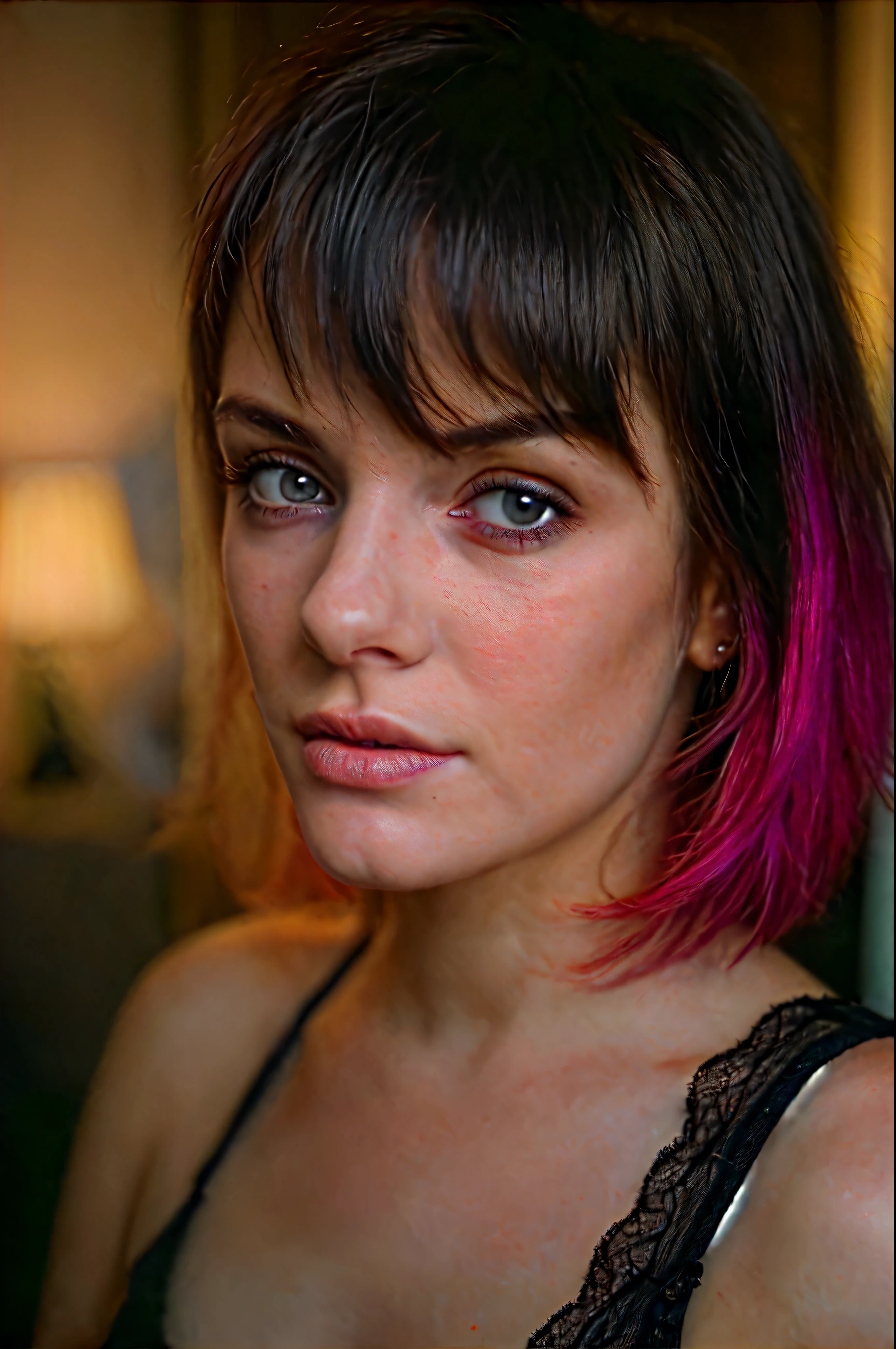 (realisti:1.2), Analog Photography Style, cute woman with short black and red multicolored hair, red eyes, (gloomy and dark atmosphere), soft natural lighting, Faded colors, Sexy, great quality, Masterpiece, Detailed fantasy backstory, Better Performance, 16k quality, HDR, RAW photo