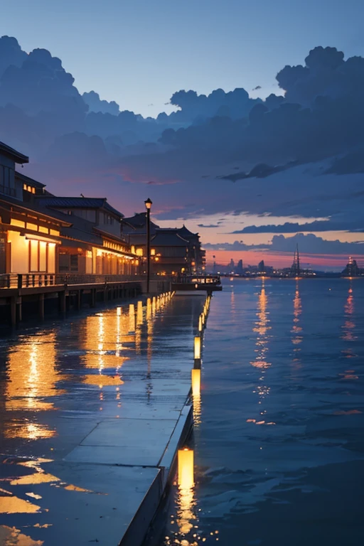 There are many tables and umbrellas on the pier by the water, Makoto Shinkai's style, Xinhai sincerely. —h 2160, beautiful anime scenes, ( ( Xinhai sincerely ) ), Xinhai sincerely, Makoto Shinkai's style, 美丽的Anime landscapes, Anime landscapes, Makoto Shinkai's style