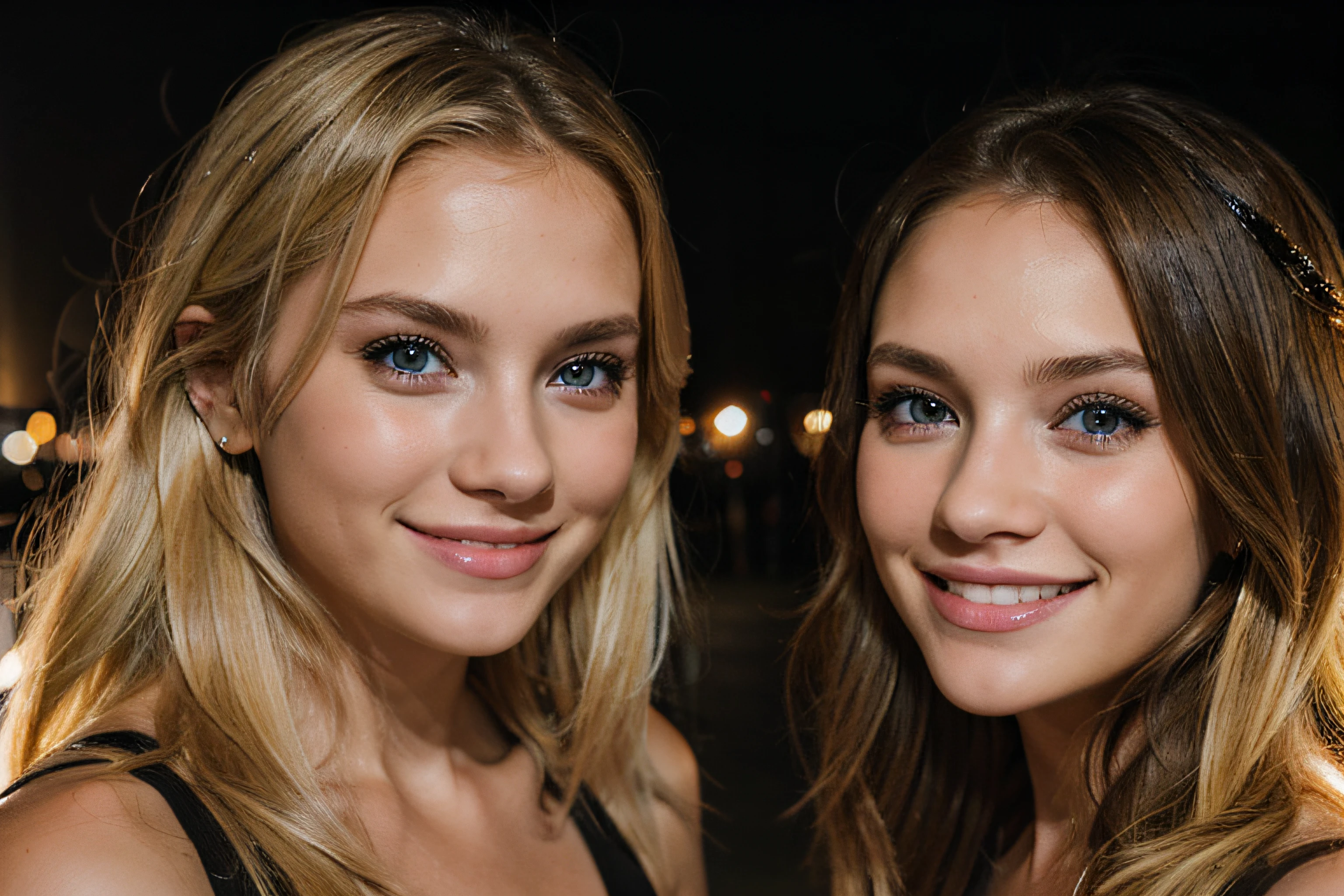 Dois amigos, uma menina loira, uma morena, olhos perfeitos, sorriso perfeito, luzes coloridas de fundo