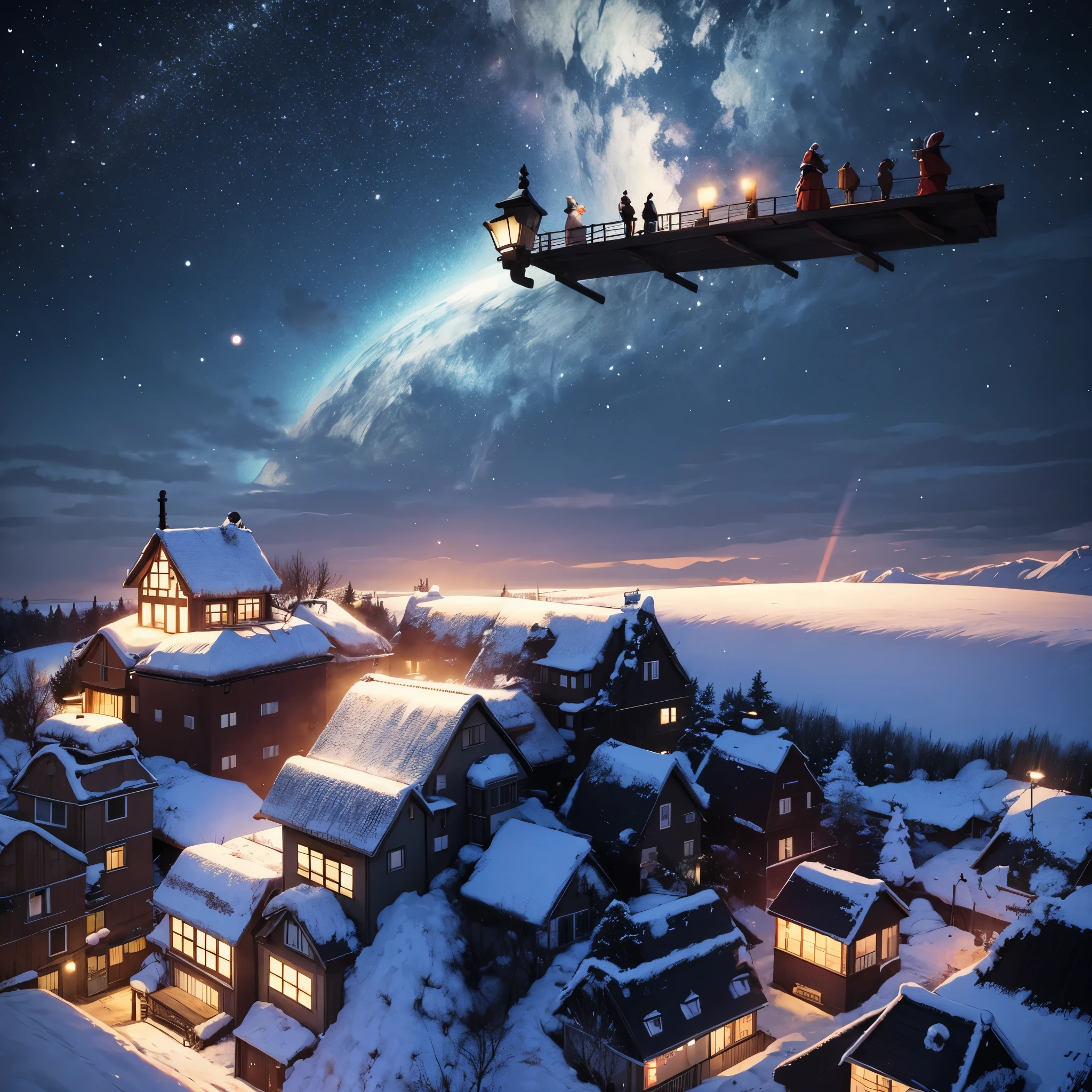 christmas night、quiet streetscape、Shadow of Santa Claus and reindeer in the sky