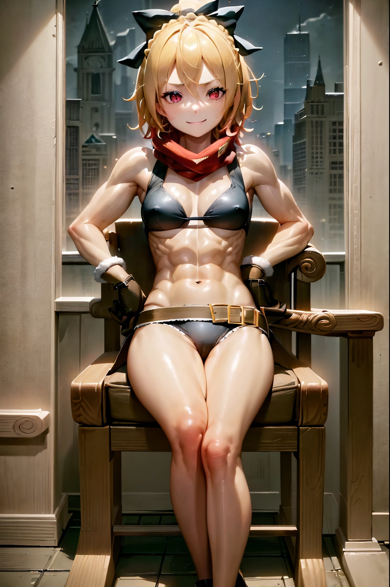 best quality, 4k, ((masterpiece)), extremely detailed, 8k, Trending in ArtStation, intricate, very high detail, sharp focus, detailed backfloor, (Fantasy City: 1.4), Roof, 1girl, floor, navel, arch, (blond hair), red eyes, hair bow, red scarf, braid, short hair, small breasts, Looking at the Viewer, smile, midriff, blonde hair, black bow, {{{very short and sexy bikini}}}, wearing very short black panties, Gloves, brown Gloves, (muscular legs), (((sitting on the chair sensually with her legs crossed raising her foot a little towards me)))