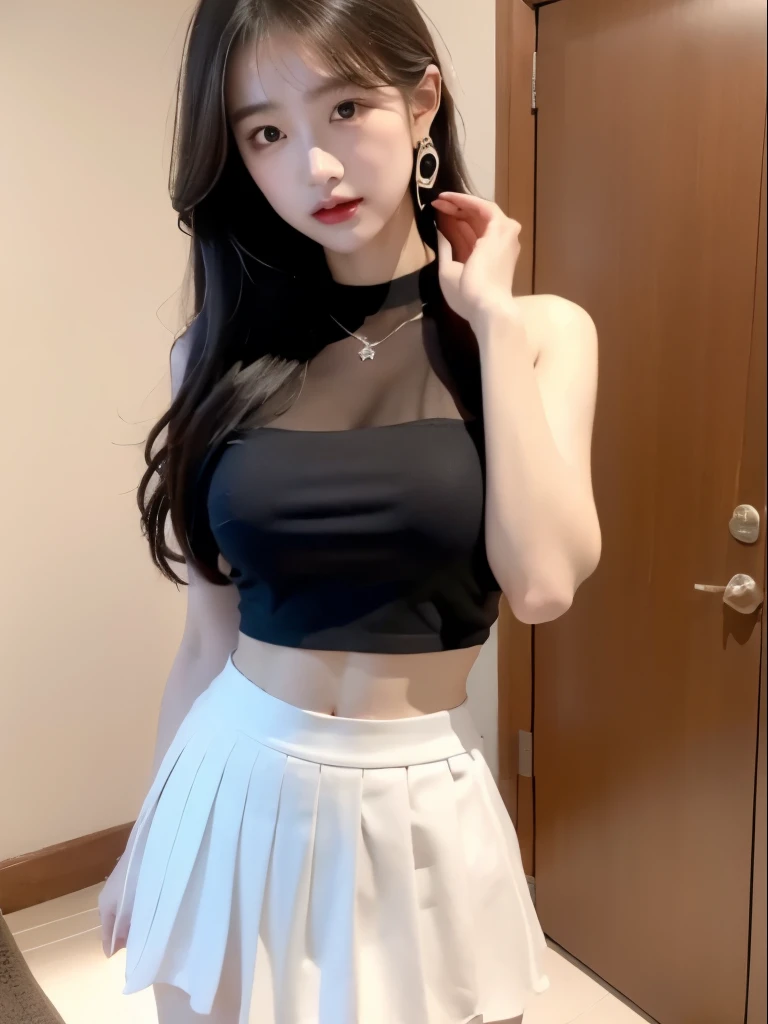 Beautiful asian woman,18yr old,Medium to long brown hair,Wear silver glasseigchest,Wearing a white short shirt,The clasp opens,Wearing a white low-waisted pleated skirt,One hand up,Leakage on flat belly below navel,Slender legs