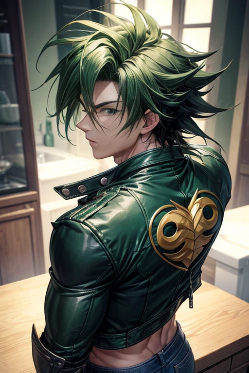 Highly detailed, (masterpiece), best quality, expressive eyes, perfect face, 1man, spiky hair, raising wavy hair, Super saiyan Green hair, green eyes, Bulky Body Builder Masculine body, Green leather Jacket & Jeans, back view