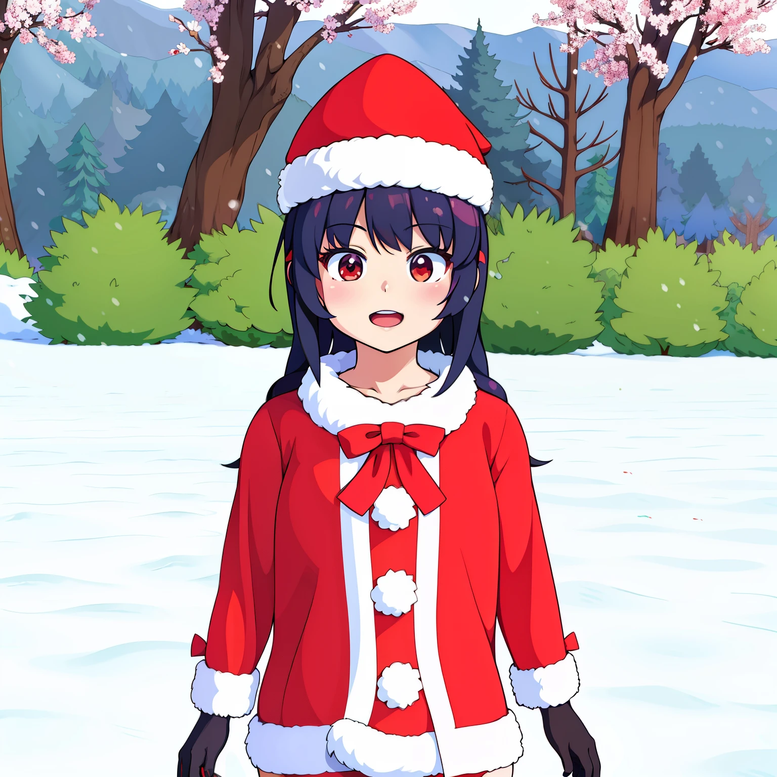 anime girl in santa outfit standing in snow with trees in background, reimu hakurei, sakimi chan, anime styled 3d, upper body avatar, inspired by Takehisa Yumeji, second life avatar, upper body 2d game avatar, inspired by Ma Yuanyu, rin tohsaka, harumi, rumiko, anime stylized