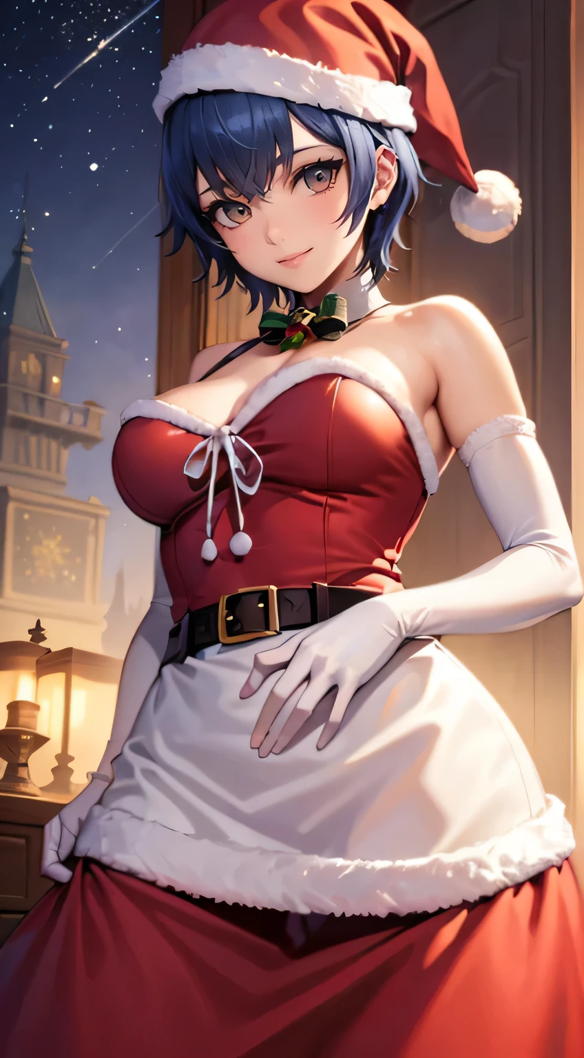 1girl, solo, masterpiece, best quality, high res, highly detailed, (illustration), beautiful detailed eyes, shiroganenaoto, blue hair ,glossy lips, light makeup, light smile, long white satin elbow gloves ,cowboy shot, (santa), red santa dress, santa hat