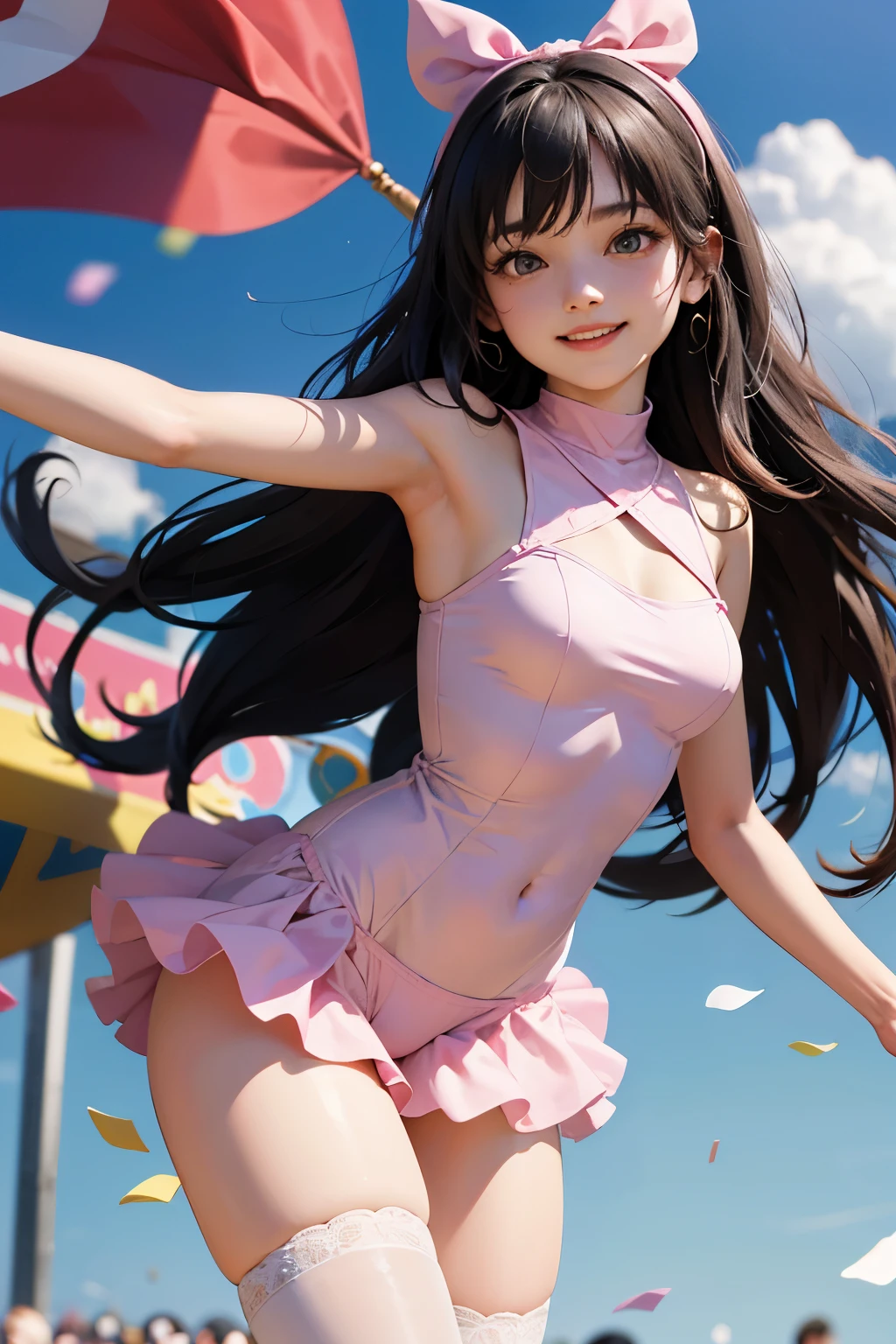 very cute and beautiful girl,(highly detailed beautiful face and eyes:1.2),(pink leotard:1.2),(sleeveless),(laugh),(smile:1.3), festival in amusement park,(parade:1.2),(many people wearing pastel costume),flags,confetti in sky,outdoors,depth of field, cowboy shot,zettai ryouiki,standing,detailed legs,dynamic pose,dynamic angle,black hair,hair band, (best quality,masterpiece:1.2),intricate details,extremely detailed,highres, natural lighting,hair fluttering in the wind,