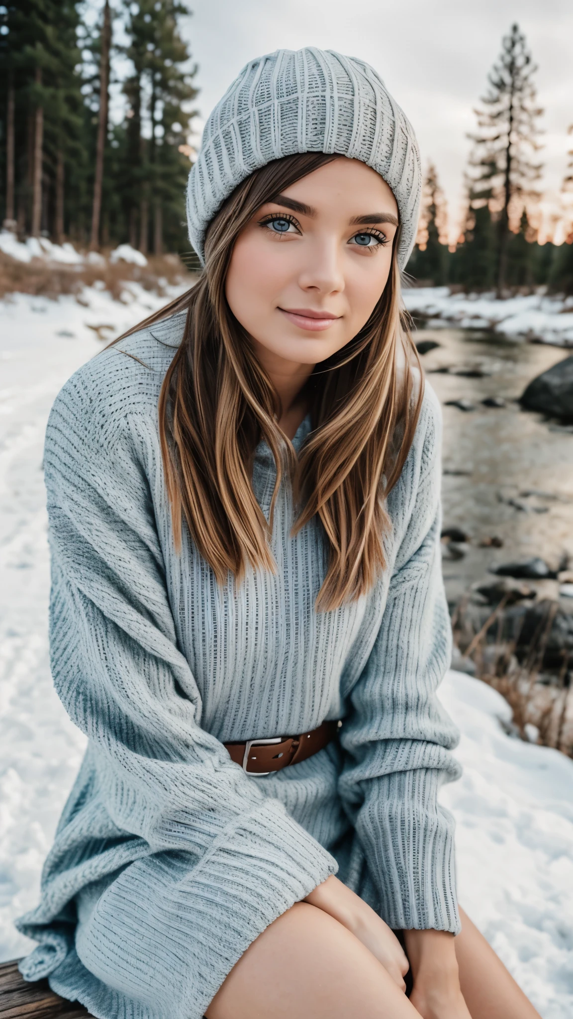 realistic body shot photo of a finnish woman sitting and spreading legs in front of the camera wearing a winter dress. Winter. Snow. glamour photoshoot, beautiful face, perfect anatomy, fit girl, looking into the camera, walking towards the camera:1.2, strong hip:1.2, wide hip:1.3, 25 yo woman. (Eye makeup:1.1), (highly detailed skin:1.1), RAW, analog style, sharp focus, 8k UHD, DSLR, high quality, Fujifilm XT3, grain, award winning, masterpiece.