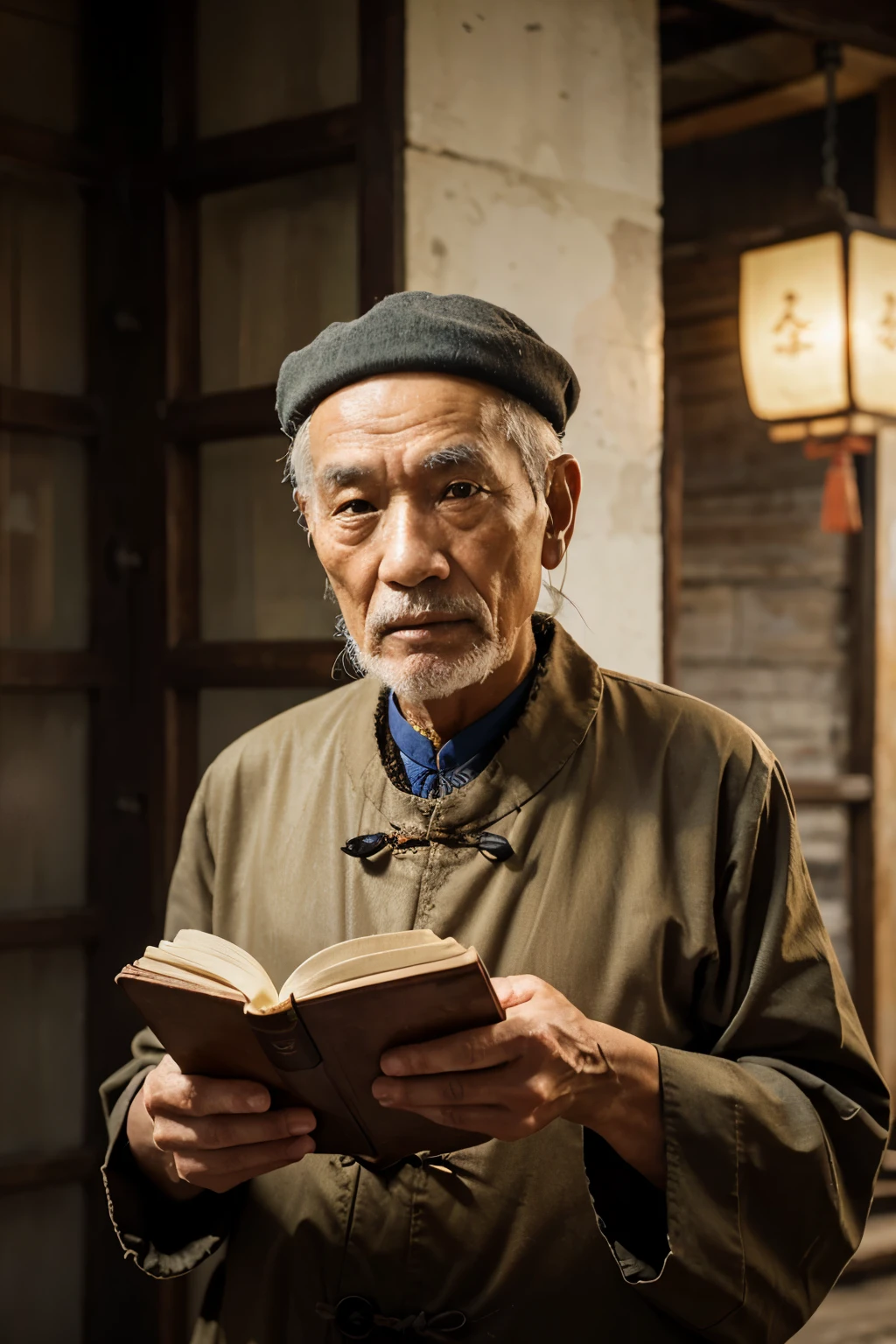 old chinese man, 4k, portrait, sage with a book in his hand