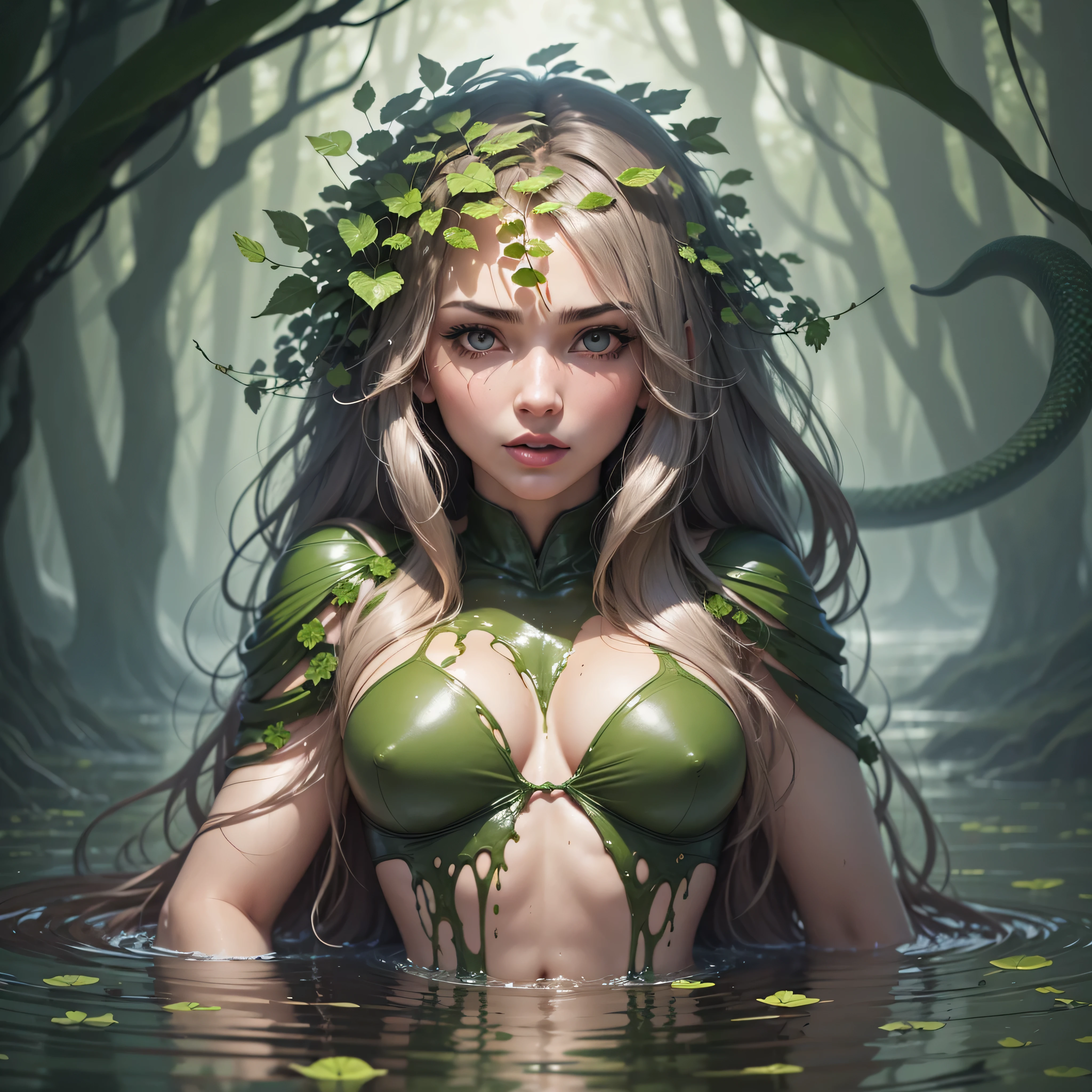 Swamp Thing surrounded by women, a series of blood on the leaves of a snake in the water, tentacles and eyes