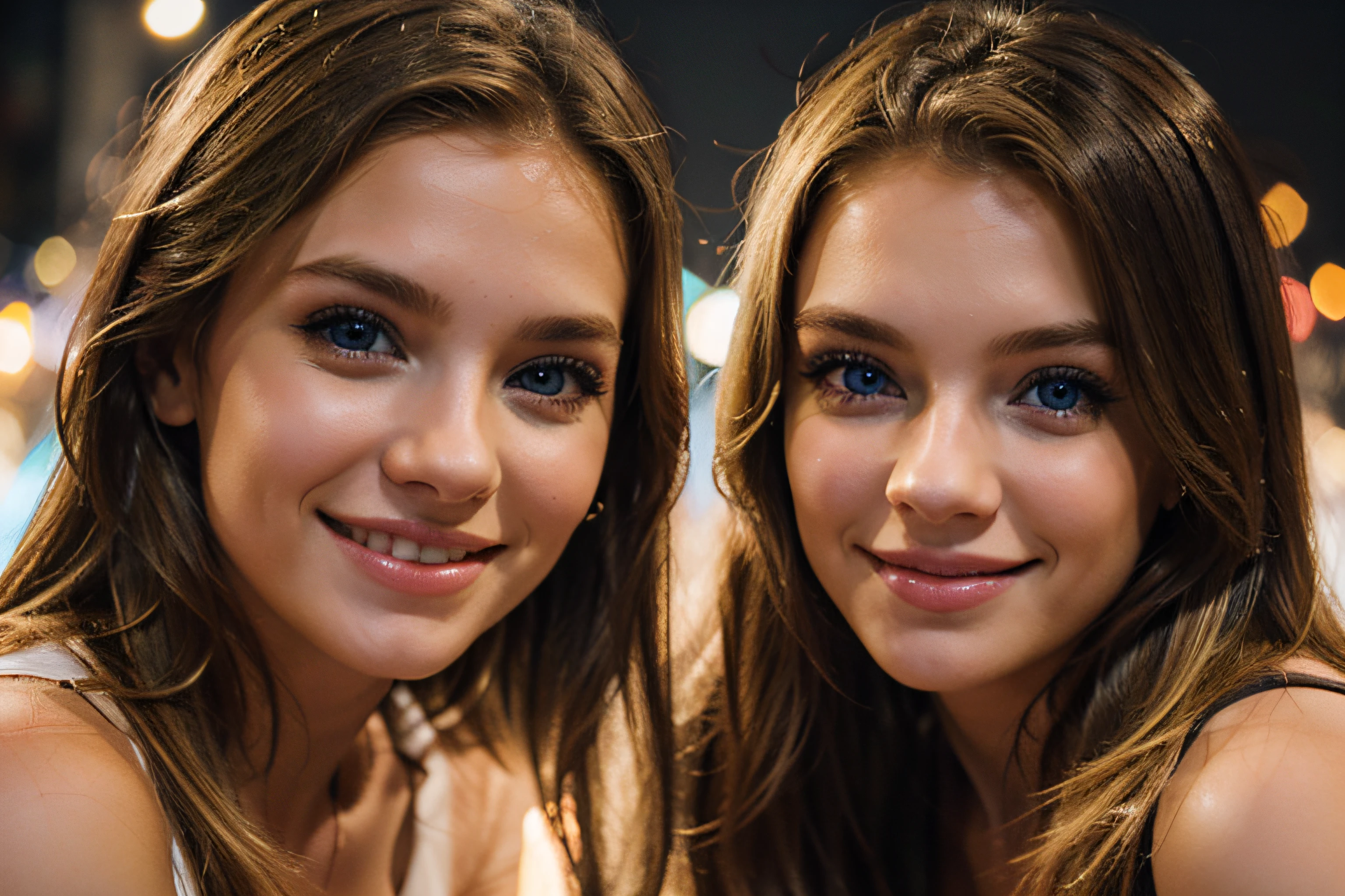 Dois amigos, uma loira, uma morena, olhos perfeitos, sorriso perfeito, luzes coloridas de fundo