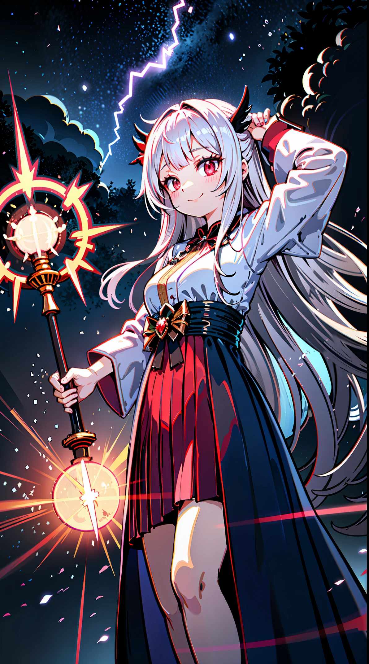 girl, silber hair, long whitr hair, hair pin, bluntbangs, red eyes, Witch hat, robe, lusty smile, holding staff, Cast spells, magia, Arms up, 城市, nighttime scene,, lightning bolt, clouds, Foggy sections, ventania