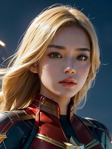 (best quality, masterpiece, perfect face, detailed simmetric iris, perfect smooth skin texture), blond hair, 18 years old asia girl, flirting with POV, in captain marvel suit, ultra detailed suit textures, high contrast, night, borobudur, fireworks, (hyperrealism, soft light, dramatic light, sharp, HDR)