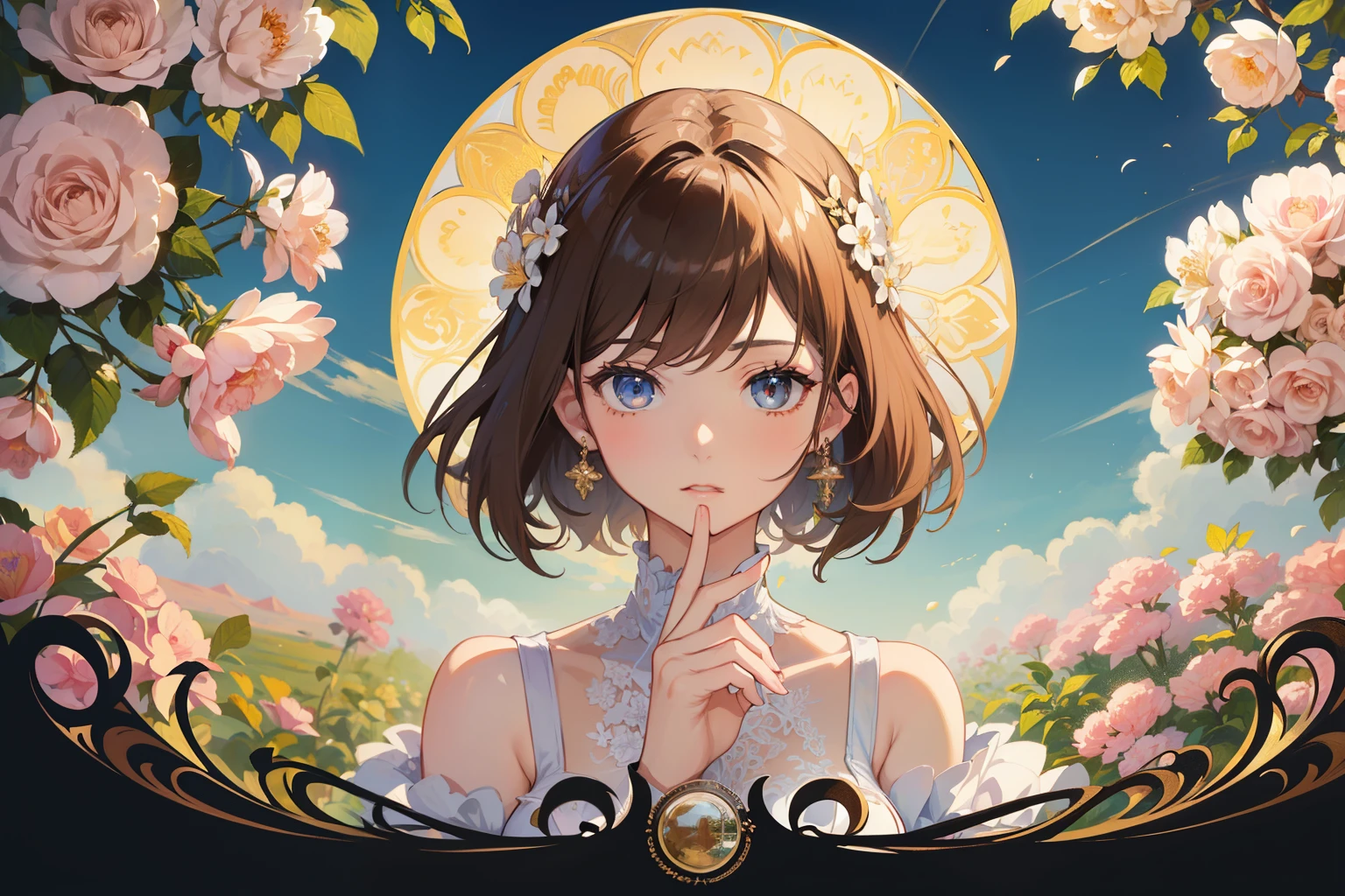 Official Art, Masterpiece European female face, short hair, lightbrown hair , brown eyes , flower garden , (​masterpiece、top-quality、hight resolution: 1.4),in 8K, Drawing of a woman with short lightbrown hair, Anime Art Nouveau, highly detailed exquisite fanart, anime fantasy illustration, clean detailed anime art, detailed anime art, Sharp Focus, Delicate Beautiful Hair and Eyes and Face, realisitic, ultra-detailliert, a beauty girl,