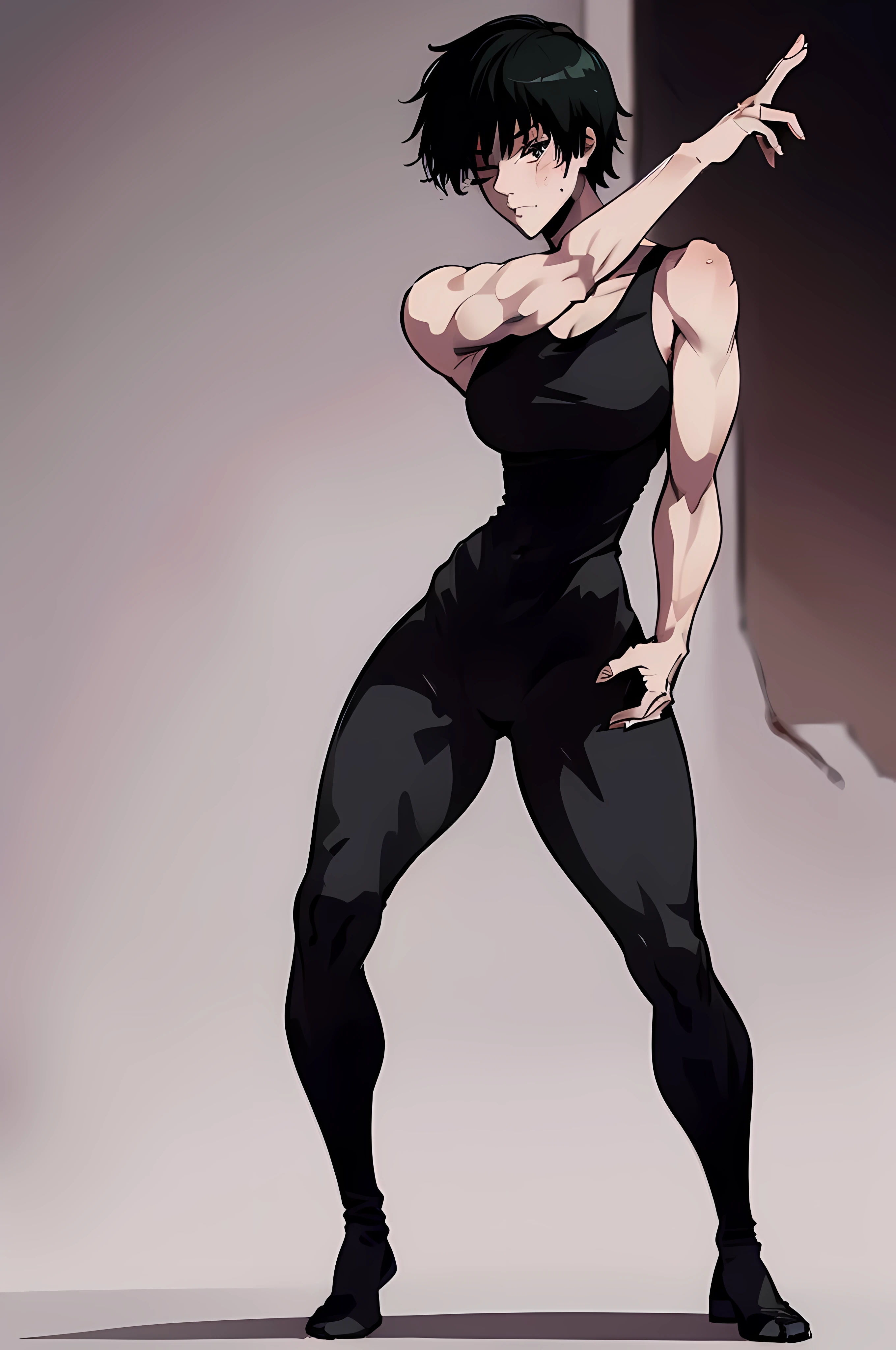 black hair, Short hair, bobcut, Brown eyes, One Eye Closed, One eye Damaged, thick thighs, ((muscular)), pale skin, leggings, tank top, toned body, 1 girl, Dark Background, Full Body, High Detailed, Fighting Stance, Full Body Pose