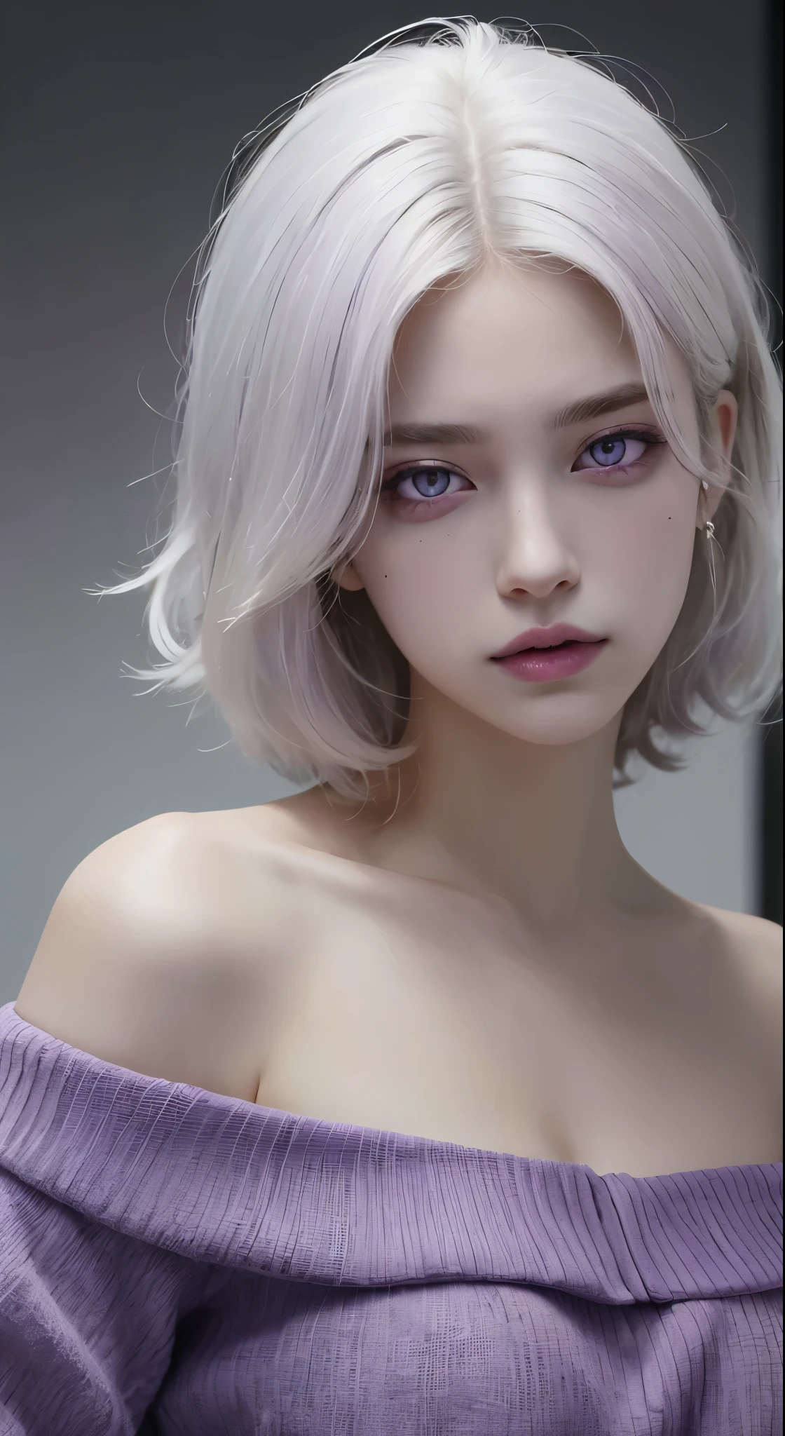 best quality, master part, ultra high-resolution, (fotorrealista:1.5), Foto RAW, 1girl, Fora do ombro, No escuro, sombra profunda, discreto, luz fria, olhar sexy, short cabelos brancos (((cabelos brancos)), (((Purple eyes)))