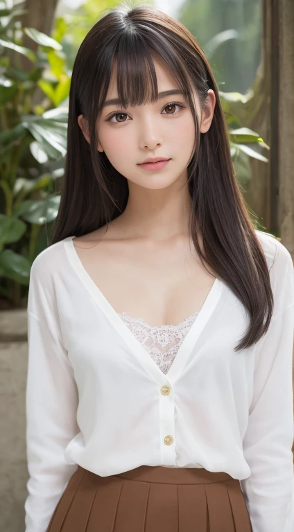 Smile、natta、Raw photography、(((Ultimate Beauty Portrait)))、((glistning skin))、1人、15 year old beautiful girl in Prague、bright expression、((brown haired))、(cleavage of the breast)、(flered skirt:1.5)、((Big eyes that shine like jewels))、open cardigan、Open your clothes、panthyhose、Glossy glossy skin、(Medium Hair)、(Silky Ponytail Hair)、(is standing)、(frombelow)、Under the skirt、(Close-up of underwear from below)、eye liner、Beautiful bangs、Hair between the eyes、((masterpiece、top-quality、ultra-detailliert、Film Light、intricate-detail、hight resolution、ighly detailed))、细致背景、8KUHD、Digital SLR、Soft light、hightquality、Film grain、FujifilmXT3 、Shallow depth of field、natural soft light、Kamimei、Lush bust