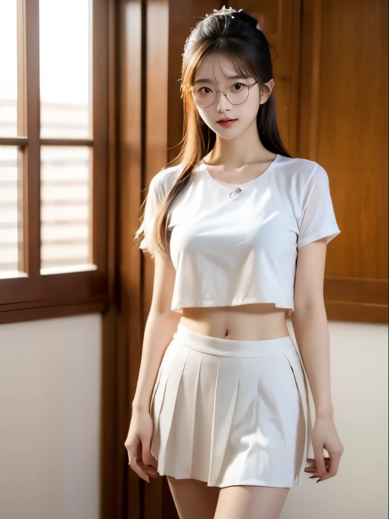 Beautiful asian woman,full bodyesbian,18yr old,Medium to long brown hair,Wear silver glasses,middlebreast,Wearing a white short shirt,The clasp opens,Wearing a white low-waisted pleated skirt,One hand up,Leakage on flat belly below navel,Slender legs
